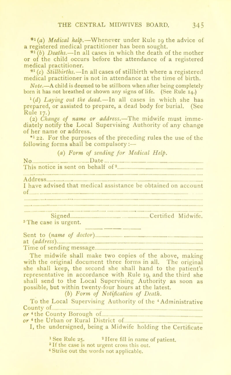 **(a) Medical help.—Whenever under Rule 19 the advice of a registered medical practitioner has been sought. *’ (b) Deaths.—In all cases in which the death of the mother or of the child occurs before the attendance of a registered medical practitioner. *' (c) Stillbirths.—In all cases of stillbirth where a registered medical practitioner is not in attendance at the time of birth. Note.—A child is deemed to be stillborn when after being completely born it has not breathed or shown any signs of life. (See Rule 14.) l(d) Laying out the dead.—In all cases in which she has prepared, or assisted to prepare, a dead body for burial. (See Rule 17.) (2) Change of name or address.—The midwife must imme- diately notify the Local Supervising Authority of any change of her name or address. *•22. For the purposes of the preceding rules the use of the following forms shall be compulsory :— (a) Form of sending for Medical Help. No Date This notice is sent on behalf of1 2 * Address I have advised that medical assistance be obtained on account of Signed Certified Midwife. 3 The case is urgent. Sent to (name of doctor) at (address) Time of sending message The midwife shall make two copies of the above, making with the original document three forms in all. The original she shall keep, the second she shall hand to the patient’s representative in accordance with Rule 19, and the third she shall send to the Local Supervising Authority as soon as possible, but within twenty-four hours at the latest. (b) Form of Notification of Death. To the Local Supervising Authority of the 4 Administrative County of. or 4 the County Borough of. or 4 the Urban or Rural District of. I, the undersigned, being a Midwife holding the Certificate 1 See Rule 25. 2 Here fill in name of patient. 3 If the case is not urgent cross this out. ■•Strike out the words not applicable.