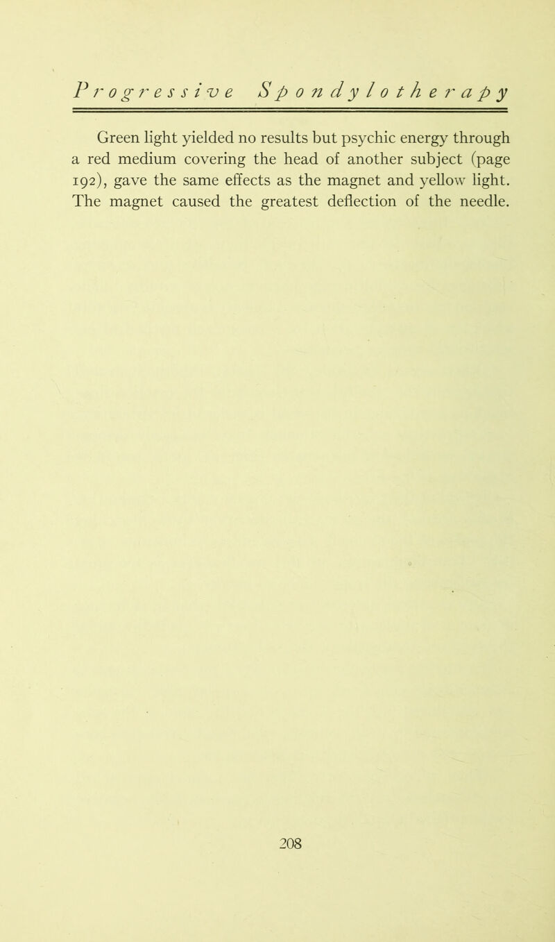 Green light yielded no results but psychic energy through a red medium covering the head of another subject (page 192), gave the same effects as the magnet and yellow light. The magnet caused the greatest deflection of the needle.