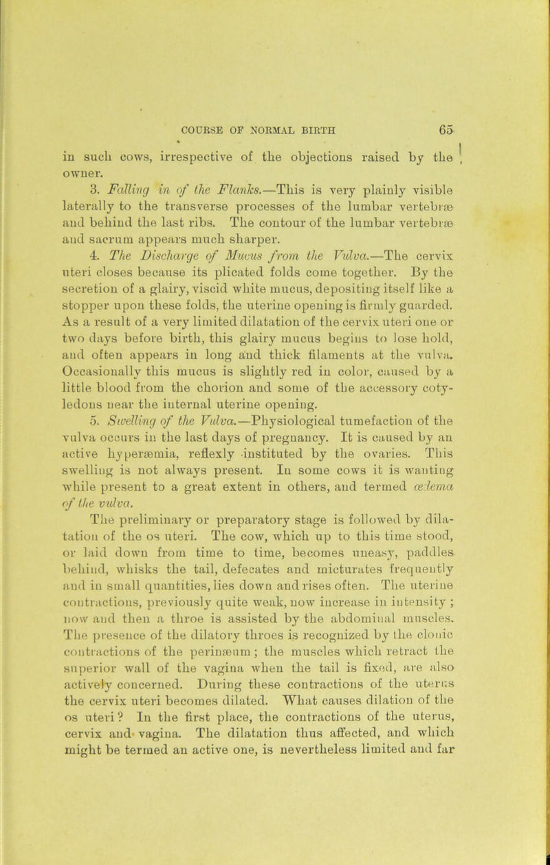 in such cows, irrespective of the objections raised by the owner. 3. Falling in of the Flanks.—This is very plainly visible laterally to the transverse processes of the lumbar vertebrae and behind the last ribs. The contour of the lumbar vertebrae and sacrum appears much sharper. 4. The Discharge of Mucus from the Vulva.—The cervix uteri closes because its plicated folds come together. By the secretion of a glairy, viscid white mucus, depositing itself like a stopper upon these folds, the uterine opening is firmly guarded. As a result of a very limited dilatation of the cervix uteri one or two days before birth, this glairy mucus begins to lose hold, aud often appears in long and thick filaments at the vulva. Occasionally this mucus is slightly red in color, caused by a little blood from the chorion and some of the accessory coty- ledons near the internal uterine opening. 5. Swelling of the Vulva.—Physiological tumefaction of the vulva occurs in the last days of pregnancy. It is caused by an active hypermmia, reflexly instituted by the ovaries. This swelling is not always present. In some cows it is wanting while present to a great extent in others, and termed oedema of the vulva. The preliminary or preparatory stage is followed by dila- tation of the os uteri. The cow, which up to this time stood, or laid down from time to time, becomes uneasy, paddles behind, whisks the tail, defecates and micturates frequently and in small quantities, lies down and rises often. The uterine contractions, previously quite weak, now increase in intensity ; now and then a throe is assisted by the abdominal muscles. The presence of the dilatory throes is recognized by the clonic contractions of the perinaeum; the muscles which retract the superior wall of the vagina when the tail is fixed, are also actively concerned. During these contractions of the uterus the cervix uteri becomes dilated. What causes dilation of the os uteri ? In the first place, the contractions of the uterus, cervix and* vagina. The dilatation thus affected, and which might be termed an active one, is nevertheless limited and far