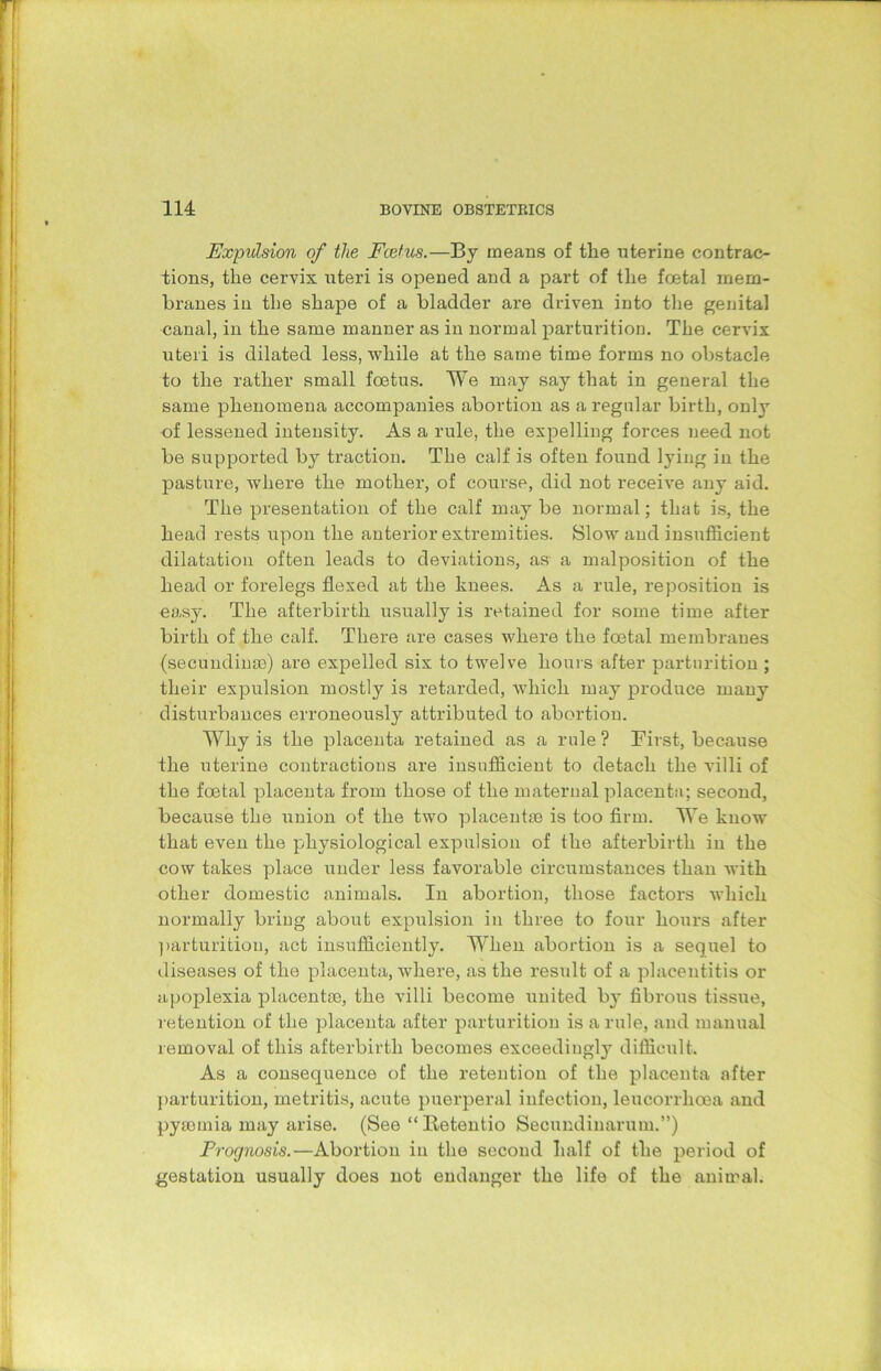 Expulsion of the Foetus.—By means of the uterine contrac- tions, the cervix uteri is opened and a part of the foetal mem- branes in the shape of a bladder are driven into the genital canal, in the same manner as in normal parturition. The cervix uteri is dilated less, while at the same time forms no obstacle to the rather small foetus. We may say that in general the same phenomena accompanies abortion as a regular birth, onl}’ of lessened intensity. As a rule, the expelling forces need not be supported by traction. The calf is often found lying in the pasture, wdiere the mother, of course, did not receive any aid. The presentation of the calf may be normal; that is, the head rests upon the anterior extremities. Slow and insufficient dilatation often leads to deviations, as a malposition of the head or forelegs flexed at the knees. As a rule, reposition is easy. The afterbirth usually is retained for some time after birth of the calf. There are cases where the foetal membranes (secundiuse) are expelled six to twelve hours after parturition ; their expulsion mostly is retarded, which may produce many disturbances erroneously attributed to abortion. Why is the placenta retained as a rule? First, because the uterine contractions are insufficient to detach the villi of the foetal placenta from those of the maternal placenta; second, because the union of the two placentae is too firm. We know that even the physiological expulsion of the afterbirth in the cow takes place under less favorable circumstances than with other domestic animals. In abortion, those factors which normally bring about expulsion in three to four hours after parturition, act insufficiently. When abortion is a sequel to diseases of the placenta, where, as the result of a placentitis or apoplexia placentas, the villi become united by fibrous tissue, retention of the placenta after parturition is a rule, and manual removal of this afterbirth becomes exceedingly difficult. As a consequence of the retention of the placenta after parturition, metritis, acute puerperal infection, leucorrhoea and pyaemia may arise. (See “Retentio Secundinarum.”) Prognosis.—Abortion in the second half of the period of gestation usually does not endanger the life of the animal.