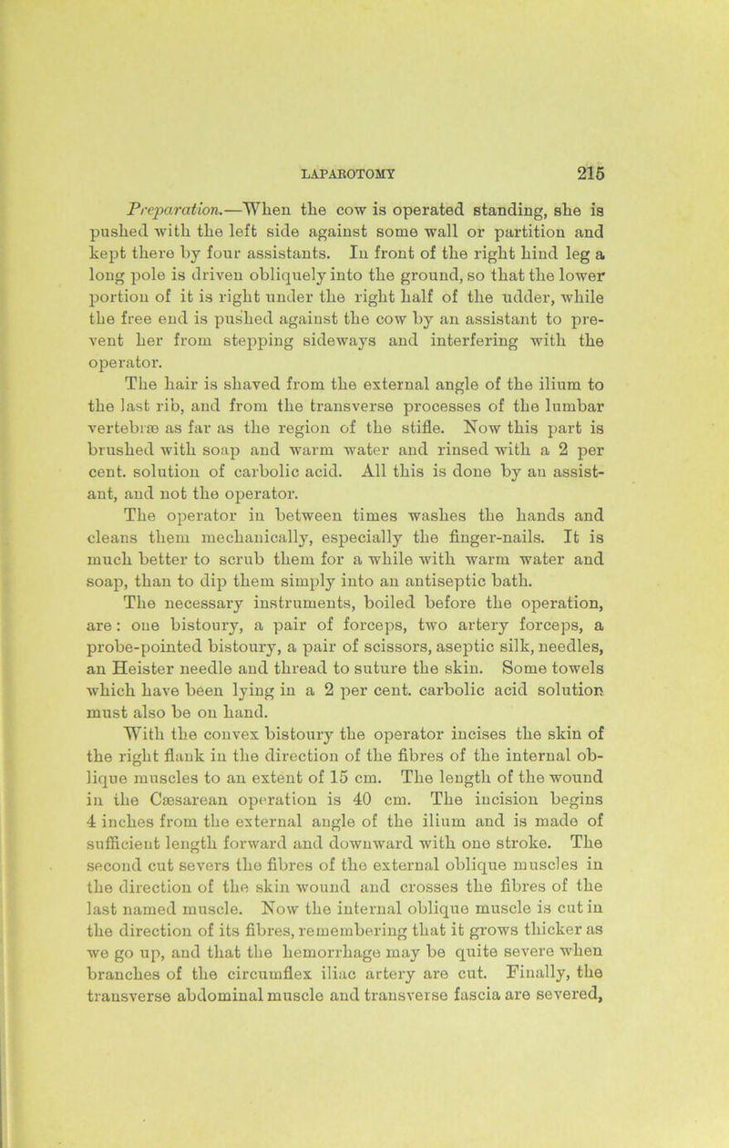 Preparation.—When the cow is operated standing, she is pushed with the left side against some wall or partition and kept there by four assistants. In front of the right hind leg a long pole is driven obliquely into the ground, so that the lower portion of it is right under the right half of the udder, while the free end is pushed against the cow by an assistant to pre- vent her from stepping sideways and interfering with the operator. The hair is shaved from the external angle of the ilium to the last rib, and from the transverse processes of the lumbar vertebrae as far as the region of the stifle. Now this part is brushed with soap and warm water and rinsed with a 2 per cent, solution of carbolic acid. All this is done by an assist- ant, and not the operator. The operator in between times washes the hands and cleans them mechanically, especially the finger-nails. It is much better to scrub them for a while with warm water and soap, than to dip them simply into an antiseptic bath. The necessary instruments, boiled before the operation, are: one bistoury, a pair of forceps, two artery forceps, a probe-pointed bistoury, a pair of scissors, aseptic silk, needles, an Heister needle and thread to suture the skin. Some towels which have been lying in a 2 per cent, carbolic acid solution must also be on hand. With the convex bistoury the operator incises the skin of the right flank in the direction of the fibres of the internal ob- lique muscles to an extent of 15 cm. The length of the wound in the Caesarean operation is 40 cm. The incision begins 4 inches from the external angle of the ilium and is made of sufficient length forward and downward with one stroke. The second cut severs the fibres of the external oblique muscles in the direction of the skin wound and crosses the fibres of the last named muscle. Now the internal oblique muscle is cut in the direction of its fibres, remembering that it grows thicker as we go up, and that the hemorrhage may be quite severe when branches of the circumflex iliac artery are cut. Finally, the transverse abdominal muscle and transverse fascia are severed,