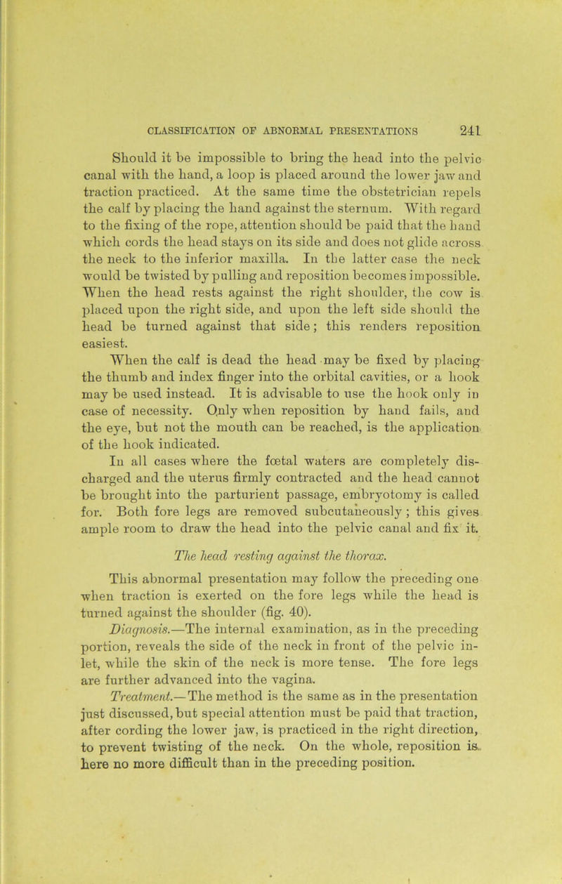 Should it be impossible to bring the head into the pelvic canal with the hand, a loop is placed around the lower jaw and traction practiced. At the same time the obstetrician repels the calf by placing the hand against the sternum. With regard to the fixing of the rope, attention should be paid that the hand which cords the head stays on its side and does not glide across the neck to the inferior maxilla. In the latter case the neck would be twisted by pulling and reposition becomes impossible. When the head rests against the right shoulder, the cow is placed upon the right side, and upon the left side should the head be turned against that side; this renders reposition easiest. When the calf is dead the head may be fixed by placing the thumb and index finger into the orbital cavities, or a hook may be used instead. It is advisable to use the hook only in case of necessity. O.nly when reposition by hand fails, aud the eye, but not the mouth can be reached, is the application of the hook indicated. In all cases where the foetal waters are completely dis- charged and the uterus firmly contracted and the head cannot be brought into the parturient passage, embryotomy is called for. Both fore legs are removed subcutaneously; this gives ample room to draw the head into the pelvic canal and fix it. The head resting against the thorax. This abnormal presentation may follow the preceding one when traction is exerted on the fore legs while the head is turned against the shoulder (fig. 40). Diagnosis.—The internal examination, as in the preceding portion, reveals the side of the neck in front of the pelvic in- let, while the skin of the neck is more tense. The fore legs are further advanced into the vagina. Treatment.— The method is the same as in the presentation just discussed, but special attention must be paid that traction, after cording the lower jaw, is practiced in the right direction, to prevent twisting of the neck. On the whole, reposition is. here no more difficult than in the preceding position.