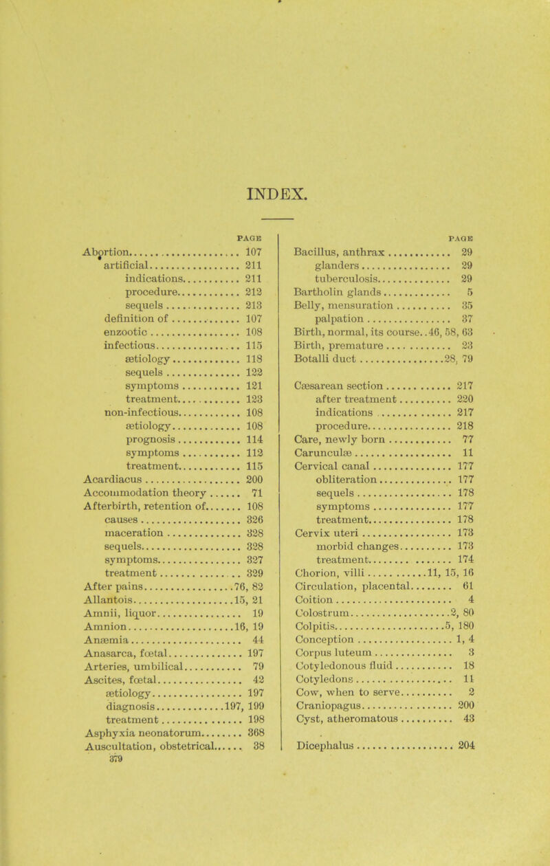 INDEX PAGE Abortion 107 artificial 211 indications 211 procedure 212 sequels 213 definition of 107 enzootic 108 infectious 115 aetiology 118 sequels 122 symptoms 121 treatment 123 non-inf ectious 108 aetiology 108 prognosis 114 symptoms 112 treatment 115 Acardiacus 200 Accommodation theory 71 Afterbirth, retention of 108 causes 326 maceration 328 sequels 328 symptoms 327 treatment 329 After pains 76, 82 Allantois 15, 21 Amnii, liquor 19 Amnion 16, 19 Anaemia 44 Anasarca, foetal 197 Arteries, umbilical 79 Ascites, foetal 42 aetiology 197 diagnosis 197, 199 treatment 198 Asphyxia neonatorum 368 Auscultation, obstetrical 38 379 PAGE Bacillus, anthrax 29 glanders 29 tuberculosis 29 Bartholin glands 5 Belly, mensuration 35 palpation 37 Birth, normal, its course. .46, 58, 63 Birth, premature 23 Botalli duct 28, 79 Caesarean section 217 after treatment 220 indications 217 procedure 218 Care, newly born 77 Carunculae 11 Cervical canal 177 obliteration 177 sequels 178 symptoms 177 treatment 178 Cervix uteri 173 morbid changes 173 treatment 174 Chorion, villi 11, 15, 16 Circulation, placental 61 Coition 4 Colostrum 2, 80 Colpitis 5, 180 Conception 1, 4 Corpus luteum 3 Cotyledonous fluid 18 Cotyledons 11 Cow, when to serve 2 Craniopagus 200 Cyst, atheromatous 43 Dicephalus 204