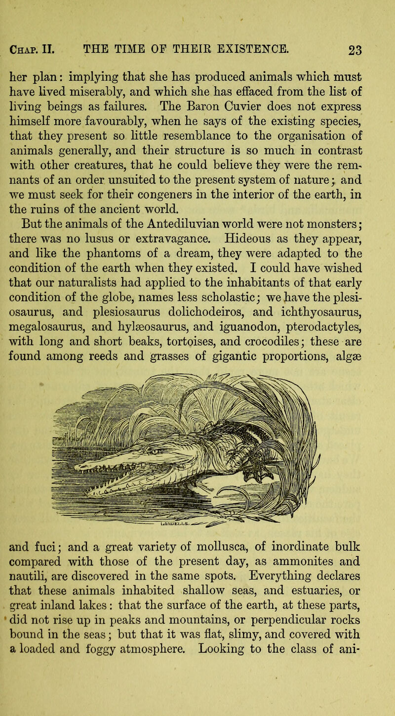 her plan: implying that she has produced animals which must have lived miserably, and which she has effaced from the list of living beings as failures. The Baron Cuvier does not express himself more favourably, when he says of the existing species, that they present so little resemblance to the organisation of animals generally, and their structure is so much in contrast with other creatures, that he could believe they were the rem- nants of an order unsuited to the present system of nature ; and we must seek for their congeners in the interior of the earth, in the ruins of the ancient world. But the animals of the Antediluvian world were not monsters; there was no lusus or extravagance. Hideous as they appear, and like the phantoms of a dream, they were adapted to the condition of the earth when they existed. I could have wished that our naturalists had applied to the inhabitants of that early condition of the globe, names less scholastic; we have the plesi- osaurus, and plesiosaurus dolichodeiros, and ichthyosaurus, megalosaurus, and hylseosaurus, and iguanodon, pterodactyles, with long and short beaks, tortoises, and crocodiles; these are found among reeds and grasses of gigantic proportions, algae and fuci; and a great variety of mollusca, of inordinate bulk compared with those of the present day, as ammonites and nautili, are discovered in the same spots. Everything declares that these animals inhabited shallow seas, and estuaries, or great inland lakes: that the surface of the earth, at these parts, • did not rise up in peaks and mountains, or perpendicular rocks bound in the seas; but that it was flat, slimy, and covered with a loaded and foggy atmosphere. Looking to the class of ani-