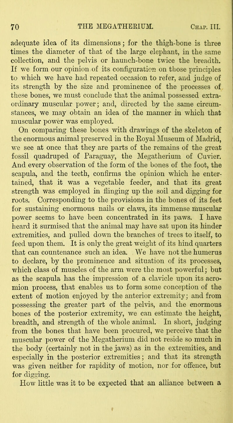 adequate idea of its dimensions; for the thigh-bone is three times the diameter of that of the large elephant, in the same collection, and the pelvis or haunch-bone twice the breadth. If we form our opinion of its configuration on those principles to which we have had repeated occasion to refer, and judge of its strength by the size and prominence of the processes of these bones, we must conclude that the animal possessed extra- ordinary muscular power; and, directed by the same circum- stances, we may obtain an idea of the manner in which that muscular power was employed. On comparing these bones with drawings of the skeleton of the enormous animal preserved in the Royal Museum of Madrid, we see at once that they are parts of the remains of the great fossil quadruped of Paraguay, the Megatherium of Cuvier. And every observation of the form of the bones of the foot, the scapula, and the teeth, confirms the opinion which he enter- tained, that it was a vegetable feeder, and that its great strength was employed in flinging up the soil and digging for roots. Corresponding to the provisions in the bones of its feet for sustaining enormous nails or claws, its immense muscular power seems to have been concentrated in its paws. I have heard it surmised that the animal may have sat upon its hinder extremities, and pulled down the branches of trees to itself, to feed upon them. It is only the great weight of its hind quarters that can countenance such an idea. We have not the humerus to declare, by the prominence and situation of its processes, which class of muscles of the arm were the most powerful; but as the scapula has the impression of a clavicle upon its acro- mion process, that enables us to form some conception of the extent of motion enjoyed by the anterior extremity; and from possessing the greater part of the pelvis, and the enormous bones of the posterior extremity, we can estimate the height, breadth, and strength of the whole animal. In short, judging from the bones that have been procured, we perceive that the muscular power of the Megatherium did not reside so much in the body (certainly not in the jaws) as in the extremities, and especially in the posterior extremities; and that its strength was given neither for rapidity of motion, nor for offence, but for digging. How little was it to be expected that an alliance between a