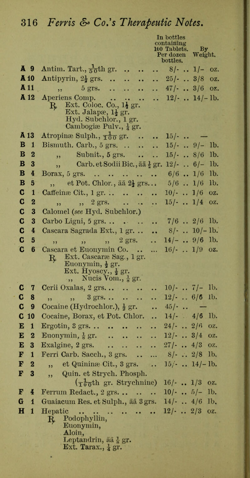 In bottles containing 100 Tablets. By Per dozen Weight, bottles. A 9 Antim. Tart.,-gVth gr 8/- 1/- oz. A10 Antipyrin, 2^ grs 25/- .. 3/8 oz. All „ 5grs 47/- .. 3/6 oz. A 12 Aperiens Comp 12/- .. 14/-lb. R Ext. Coloc. Co., li gr. Ext. Jalapse, 1^ gr. Hyd. Subchlor., 1 gr. Cambogise Pulv., \ gr. A 13 Atropinse Sulph., ©r 15/- .. — B 1 Bismutli. Carb., 5 grs 15/- .. 9/- lb. B 2 ,, Subiiit., 5 grs 15/- .. 8/6 lb. B 3 ,, Carb.etSocliiBic.,aa^gr. 12/- .. 6/- lb. B 4 Borax, 5 grs 6/6 .. 1/6 lb. B 5 ,, et Pot. Chlor., aa grs.. i 5/6 .. 1/6 lb. C 1 Catfeinae Cit., 1 gr 10/- .. 1/6 oz. C 2 „ „ 2 grs 15/- .. 1/4 oz. C 3 Calomel {see Hyd. Subclilor.) C 3 Carbo Ligni, 5 grs. .. . .. .. 7/6 .. 2/6 lb. C 4 Cascara Sagrada Ext., 1 gr 8/- .. 10/-lb. C 5 „ „ „ 2 grs. .. 14/- .. 9/6 lb. C 6 Cascara et Euoiiymin Co 16/- .. 1/9 oz. R Ext. Cascarae Sag., 1 gr. ^ Euoiiymin, ^ gr. Ext. Hyoscy., ^ gr. ,, Nucis Vom., ^ gr. C 7 Cerii Oxalas, 2 grs 10/- .. 7/- lb. C 8 „ „ 3 grs 12/- .. 6/6 lb. C 9 Cocaine (Hydrochlor.), I gr. .. 45/- .. — CIO Cocaine, Borax, et Pot. Clilor. .. 14/- 4/6 lb. E 1 Ergot in, 3 grs 24/- .. 2/6 oz. E 2 Euonymin, I gr 12/- .. 3/4 oz. E 3 Exalgine, 2 grs 27/- .. 4/3 oz. F 1 Ferri Carb. Sacch., 3 grs 8/- .. 2/8 lb. F 2 ,, et Quininse Cit., 3 grs. .. 15/- .. 14/-lb. F 3 ,, Quin, et Strych. Phosph. (xJrTjth gr. Strychnine) 16/- .. 1/3 oz. F 4 Ferrum Redact., 2 grs 10/- .. 5/- lb. G 1 Guaiacum Res. et Sulph., aa 3grs. 14/- .. 4/6 lb. H 1 Hepatic 12/- .. 2/3 oz. R Podopliyllin, Euonymin, Aloin, Leptandrin, fia -J- gr. Rvi- Tnrflv - 1 o-r.