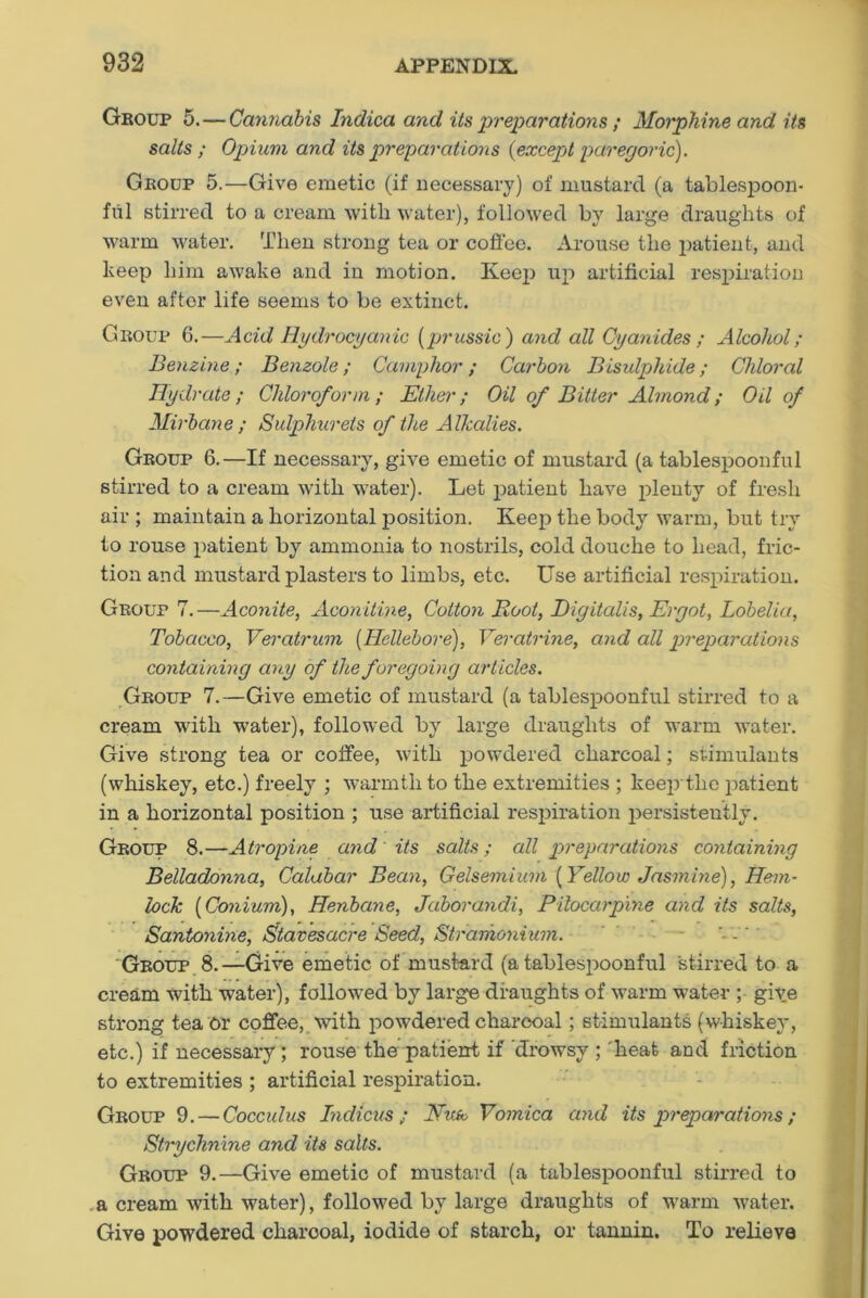 Group 5. — Cannabis Indica and its preparations ; Morphine and its salts ; Opium and its preparations (except paregoric). Group 5.—Give emetic (if necessary) of mustard (a tablespoon- ful stirred to a cream with water), followed by large draughts of warm water. Then strong tea or coffee. Arouse the patient, and keep him awake and in motion. Keep up artificial respiration even after life seems to be extinct. Group 6.—Acid Hydrocyanic (prussic) and all Cyanides ; Alcohol; Benzine; Benzole; Camphor; Carbon Bisulphide; Chloral Hydrate; Chloroform; Ether; Oil of Bitter Almond; Oil of Mirbane ; Sulphurets of the Alkalies. Group 6.—If necessary, give emetic of mustard (a tablespoonful stirred to a cream with water). Let patient have plenty of fresh air ; maintain a horizontal position. Keep the body warm, but try to rouse patient by ammonia to nostrils, cold douche to head, fric- tion and mustard plasters to limbs, etc. Use artificial respiration. Group 7.—Aconite, Aconitine, Cotton Root, Digitalis, Ergot, Lobelia, Tobacco, Veratrum (Hellebore), Veratrine, and all preparations containing any of the foregoing articles. Group 7.—Give emetic of mustard (a tablespoonful stirred to a cream with water), followed by large draughts of warm water. Give strong tea or coffee, with powdered charcoal; stimulants (whiskey, etc.) freely ; warmth to the extremities ; keep the patient in a horizontal position ; use artificial respiration persistently. Group 8.—Atropine and its salts; all preparations containing Belladonna, Calabar Bean, Gelsemium (Yellow Jasmine), Hem- lock (Conium), Henbane, Jaborandi, Pilocarpine and its salts, Santonine, Stavesacre Seed, Stramonium. Group 8.—Give emetic of mustard (a tablespoonful stirred to a cream with water), followed by large draughts of warm water ; give strong tea Or coffee, with powdered charcoal; stimulants (whiskey, etc.) if necessary; rouse the patient if drowsy ; heat and friction to extremities ; artificial respiration. Group 9. — Cocculus Indicus ; Huk, Vomica and its p?'eparations ; Strychnine and its salts. Group 9.—Give emetic of mustard (a tablespoonful stirred to a cream with water), followed by large draughts of warm water. Give powdered charooal, iodide of starch, or tannin. To relieve