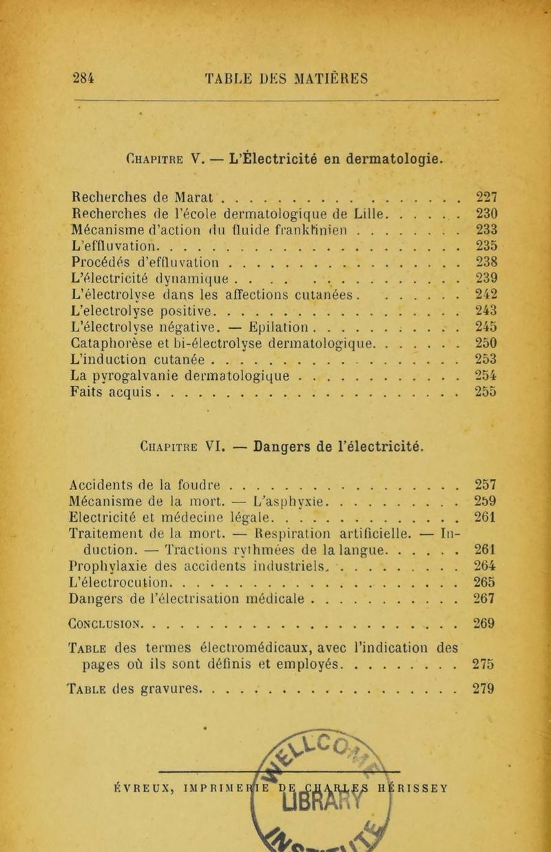 Chapitre V. — L’Électricité en dermatologie. Recherches de Marat Recherches de l’école dermatologique de Lille Mécanisme d’action du fluide frankl’inien . . L’ef'Ruvation Procédés d’eftluvation L’électricité dynamique • • • L’électrolyse dans les affections cutanées. L’electrolyse positive L’électrolyse négative. — Epilation Cataphorèse et bi-électrolyse dermatologique. L’induction cutanée La pyrogalvanie dermatologique Faits acquis 227 230 233 235 238 239 242 243 245 250 253 254 255 Chapitre VI. — Dangers de l’électricité. Accidents de la foudre 257 Mécanisme de la mort. — I/asphyxie 259 Electricité et médecine légale 261 Traitement de la mort. — Respiration artificielle. ■— In- duction. — Tractions rythmées de la langue 261 Prophylaxie des accidents industriels 264 L’électrocution 265 Dangers de l’électrisation médicale 267 Conclusion 269 Table des termes électromédicaux, avec l’indication des pages où ils sont définis et employés 275 Table des gravures 279