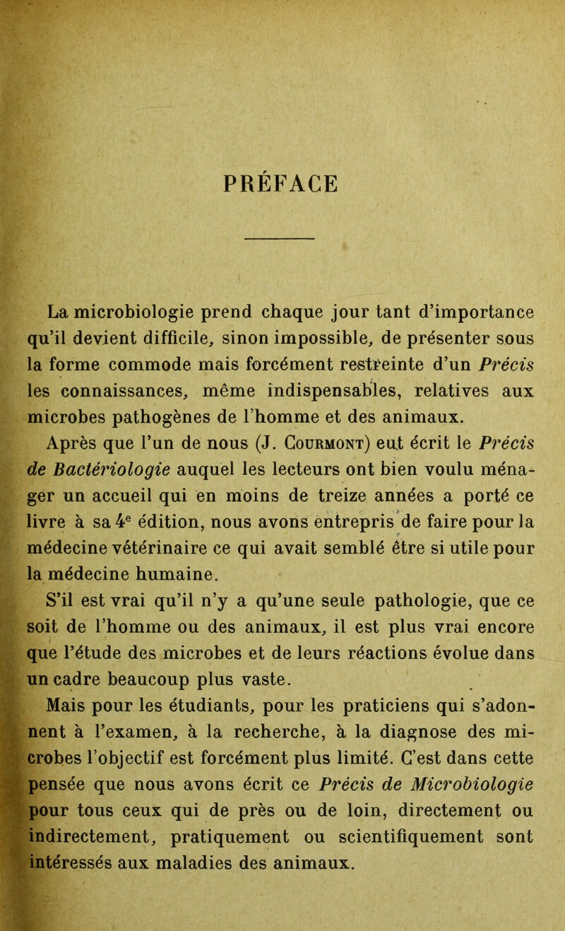 PRÉFACE La microbiologie prend chaque jour tant d’importance qu’il devient difficile, sinon impossible, de présenter sous la forme commode mais forcément restreinte d’un Précis les connaissances, même indispensables, relatives aux microbes pathogènes de l’homme et des animaux. Après que l’un de nous (J. Courmont) eut écrit le Précis de Bactériologie auquel les lecteurs ont bien voulu ména^ ger un accueil qui en moins de treize années a porté ce livre à sa 4e édition, nous avons entrepris de faire pour la médecine vétérinaire ce qui avait semblé être si utile pour la médecine humaine. S’il est vrai qu’il n’y a qu’une seule pathologie, que ce soit de l’homme ou des animaux, il est plus vrai encore que l’étude des microbes et de leurs réactions évolue dans un cadre beaucoup plus vaste. Mais pour les étudiants, pour les praticiens qui s’adon- nent à l’examen, à la recherche, à la diagnose des mi- crobes l’objectif est forcément plus limité. C’est dans cette pensée que nous avons écrit ce Précis de Microbiologie pour tous ceux qui de près ou de loin, directement ou indirectement, pratiquement ou scientifiquement sont intéressés aux maladies des animaux.