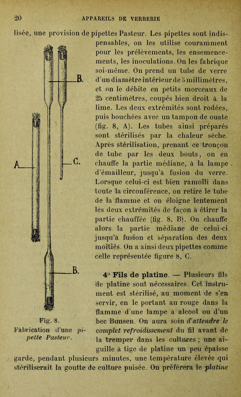 lisée, line provision de pipettes Pasteur. Les pipettes sont indis-. pensables, on les utilise couramment pour les prélèvements, les ensemence- ments, les inoculations. On les fabrique soi-même. On prend un tube de verre d’un diamètre intérieur de 5 millimètres, et on le débite en petits morceaux de 25 centimètres, coupés bien droit à la lime. Les deux extrémités sont rodées, puis bouchées avec un tampon de ouate (fig. 8, A). Les tubes ainsi préparés sont stérilisés par la chaleur sèche. Après stérilisation, prenant ce tronçon de tube par les deux bouts, on en chauffe la partie médiane, à la lampe d’émailleur, jusqu’à fusion du verre. Lorsque celui-ci est bien ramolli dans toute la circonférence, on retire le tube de la flamme et on éloigne lentement les deux extrémités de façon à étirer la partie chauffée (fig. 8, B). On chauffe alors la partie médiane de celui-ci jusqu’à fusion et séparation des deux moitiés. On a ainsi deux pipettes comme celle représentée figure 8, G. 4° Fils de platine. — Plusieurs fils de platine sont nécessaires. Cet instru- ment est stérilisé, au moment de s’en servir, en le portant au rouge dans la flamme d'une lampe à alcool ou d’un bec Bunsen. On aura soin d’attendre le pi- complet refroidissement du fil avant de la tremper dans les cultures ; une ai- guille à tige de platine un peu épaisse garde, pendant plusieurs minutes, une température élevée qui stériliserait la goutte de culture puisée. On préférera le platine Fig. 8. Fabrication d’une pette Pasteur.