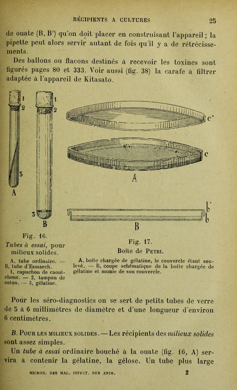 de ouate (B, B') qu’on doit placer en construisant l’appareil; la pipette peut alors servir autant de fois qu’il y a de rétrécisse- ments. Des ballons ou flacons destinés à recevoir les toxines sont figurés pages 80 et 333. Voir aussi (fig. 38) la carafe à filtrer adaptée à l’appareil de Kitasato. Fig. 16. rr y , . Fig. 17. 1 ubes a essai, pour b milieux solides. Boîte de Pétri. A, tube ordinaire. — A, boîte chargée de gélatine, le couvercle étant sou- B, tube d’Esmarch. levé. — B, coupe schématique de la boîte chargée de 1, capuchon de caoul- gélatine et munie de son couvercle, chouc. — 2, tampon de coton. — 3, gélatine. Pour les séro-diagnostics on se sert de petits tubes de verre de 5 à 6 millimètres de diamètre et d’une longueur d’environ 6 centimètres. B. Pour les milieux solides . — Les récipients des milieux solides sont assez simples. Un tube à essai ordinaire bouché à la ouate (fig. 16, A) ser- vira à contenir la gélatine, la gélose. Un tube plus large M1CROB. DES MAL. INFECT. DES ANIM. 2