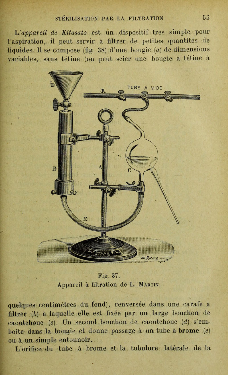 L'appareil de Kitasato est un dispositif très simple pour l'aspiration, il peut servir à filtrer de petites quantités de liquides. 11 se compose (fig. 38) d’une bougie (a) de dimensions variables, sans tétine (on peut scier une bougie à tétine à Fig. 37. Appareil à filtration de L. Martin. quelques centimètres du fond), renversée dans une carafe à filtrer (6) à laquelle elle est fixée par un large bouchon de caoutchouc (c). Un second bouchon de caoutchouc (id) s’em- boîte dans la bougie et donne passage à un tube à brome (e) ou à. un simple entonnoir. L’orifice du tube à brome et la tubulure latérale de la