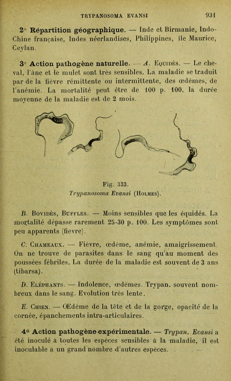 2° Répartition géographique. — Inde et Birmanie, Indo- chine française, Indes néerlandises, Philippines, île Maurice, Ceylan. 3° Action pathogène naturelle. A. Equidés. — Le che- val, l’âne et le mulet sont très sensibles. La maladie se traduit par de la fièvre rémittente ou intermittente, des œdèmes, de l’anémie. La mortalité peut être de 100 p. 100, la durée moyenne de la maladie est de 2 mois. B. Bovidés, Buffles. — Moins sensibles que les équidés. La mortalité dépasse rarement 25-30 p. 100. Les symptômes sont peu apparents (fièvre). C. Chameaux. — Fièvre, œdème, anémie, amaigrissement. On ne trouve de parasites dans le sang qu’au moment des poussées fébriles. La durée-de la maladie est souvent de 3 ans (tibarsa). D. Eléphants. Indolence, œdèmes. Trypan. souvent nom- breux dans le sang. Evolution très lente. E. Chien. — Œdème de la tête et de la gorge, opacité de la cornée, épanchements intra-articulaires. 4° Action pathogène expérimentale. — Trypan. Evansi a été inoculé à toutes les espèces sensibles à la maladie, il est inoculable à un grand nombre d’autres espèces.