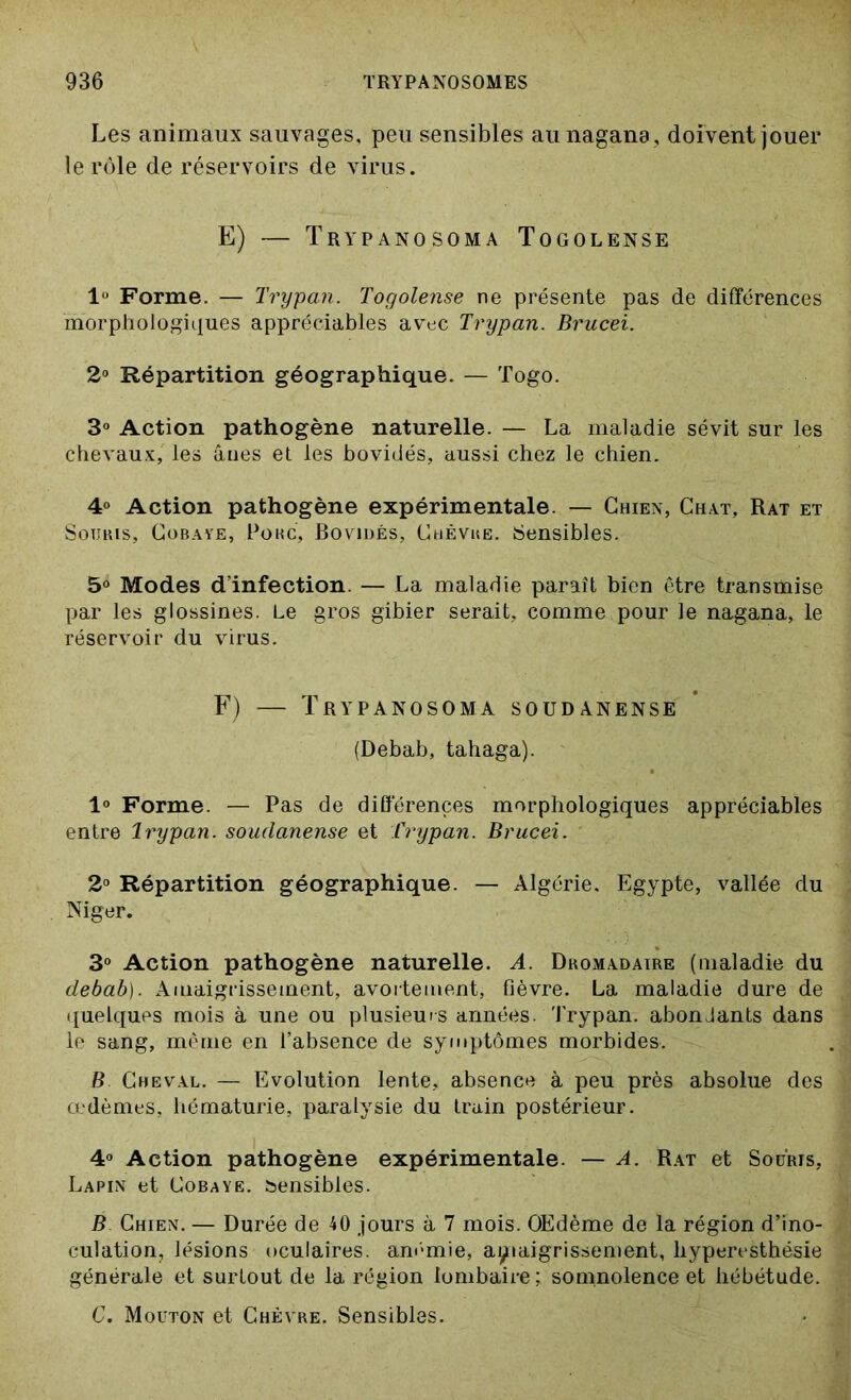 Les animaux sauvages, peu sensibles au nagana, doivent jouer le rôle de réservoirs de virus. E) — Trypanosoma Togolense 1° Forme. — Trypan. Togolense ne présente pas de différences morphologiques appréciables avec Trypan. Brucei. 2° Répartition géographique. — Togo. 3° Action pathogène naturelle. — La maladie sévit sur les chevaux, les ânes et les bovidés, aussi chez le chien. 4° Action pathogène expérimentale. — Chien, Chat, Rat et Souris, Cobaye, Porc, Bovidés, Chèvre. Sensibles. 5° Modes d'infection. — La maladie paraît bien être transmise par les glossines. Le gros gibier serait, comme pour le nagana, le réservoir du virus. F) — Trypanosoma soudanense (Debab, tahaga). 1° Forme. — Pas de différences morphologiques appréciables entre lrypan. soudanense et Trypan. Brucei. 2° Répartition géographique. — Algérie. Egypte, vallée du Niger. 3° Action pathogène naturelle. A. Dromadaire (maladie du debab). Amaigrissement, avortement, fièvre. La maladie dure de quelques mois à une ou plusieurs années, 'lrypan. abondants dans le sang, même en l’absence de symptômes morbides. B Cheval. — Evolution lente, absence à peu près absolue des œdèmes, hématurie, paralysie du train postérieur. 4° Action pathogène expérimentale. — A. Rat et Souris, Lapin et Cobaye, sensibles. B Chien. — Durée de 40 jours à 7 mois. OEdème de la région d’ino- culation, lésions oculaires, anémie, amaigrissement, hyperesthésie générale et surtout de la région lombaire; somnolence et hébétude. G. Mouton et Chèvre. Sensibles.