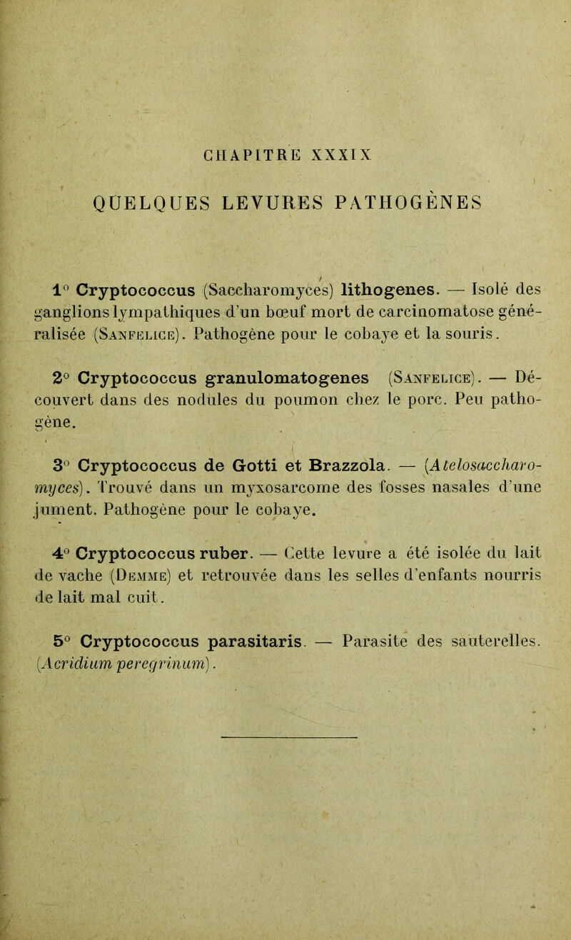 QUELQUES LEVURES PATHOGÈNES 1° Cryptococcus (Saccharomyces) lithogenes. — Isolé des ganglions lympathiques d’un bœuf mort de carcinomatose géné- ralisée (Sanfelice). Pathogène pour le cobaye et la souris. 2° Cryptococcus granulomatogenes (Sanfelice). — Dé- couvert dans des nodules du poumon chez le porc. Peu patho- gène. ï: - : .... j 3° Cryptococcus de Gotti et Brazzola. — (.Ateloscirccharo- myces). Trouvé dans un myxosarcome des fosses nasales d’une jument. Pathogène pour le cobaye. 4° Cryptococcus ruber. — Cette levure a été isolée du lait de vache (Demme) et retrouvée dans les selles d’enfants nourris de lait mal cuit. 5° Cryptococcus parasitaris. — Parasite des sauterelles. (.Acridium peregrinum).