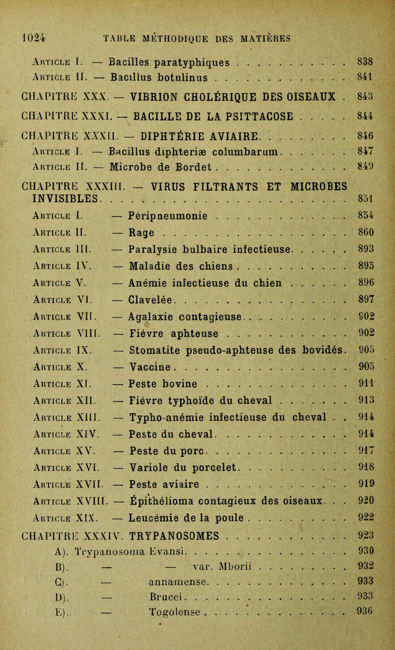 Article I. — Bacilles paratyphiques . 838 Article II. — Bacillus botulinus 841 CHAPITRE XXX — VIBRION CHOLÉRIQUE DES OISEAUX . 843 CHAPITRE XXXI. — BACILLE DE LA PSITTACOSE 844 CHAPITRE XXXII. - DIPHTÉRIE AVIAIRE. 846 Article I. — Bacillus diphteriæ columbarum 847 Article II. — Microbe de Bordet 849 CHAPITRE XXXIII. — VIRUS FILTRANTS ET MICROBES INVISIBLES 851 Article I. — Péripneumonie 854 Article II. — Rage 860 Article III. — Paralysie bulbaire infectieuse 893 Article IV. — Maladie des chiens 895 Article V. — Anémie infectieuse du chien 896 Article VI. — Clavelée 897 Article VII. — Agalaxie contagieuse S02 Article VIII. — Fièvre aphteuse 902 Article IX. — Stomatite pseudo-aphteuse des bovidés. 905 Article X. — Vaccine 905 Article XI. — Peste bovine 911 Article XII. — Fièvre typhoïde du cheval 913 Article XIII. — Typho-anémie infectieuse du cheval . . 914 Article XIV. — Peste du cheval 914 Article XV. — Peste du porc 917 Article XVI. — Variole du porcelet 918 Article XVII. — Peste aviaire 919 Article XVIII. — Épithélioma contagieux des oiseaux. . . 920 Article XIX. — Leucémie de la poule 922 CHAPITRE XXXIV. TRYPANOSOMES 923 A) . Trypanosorna Evansi. 930 B) . — — var. Mborii 932 C) . — annamense 933 U). — Brucei. 933 E).. — Togolense 936