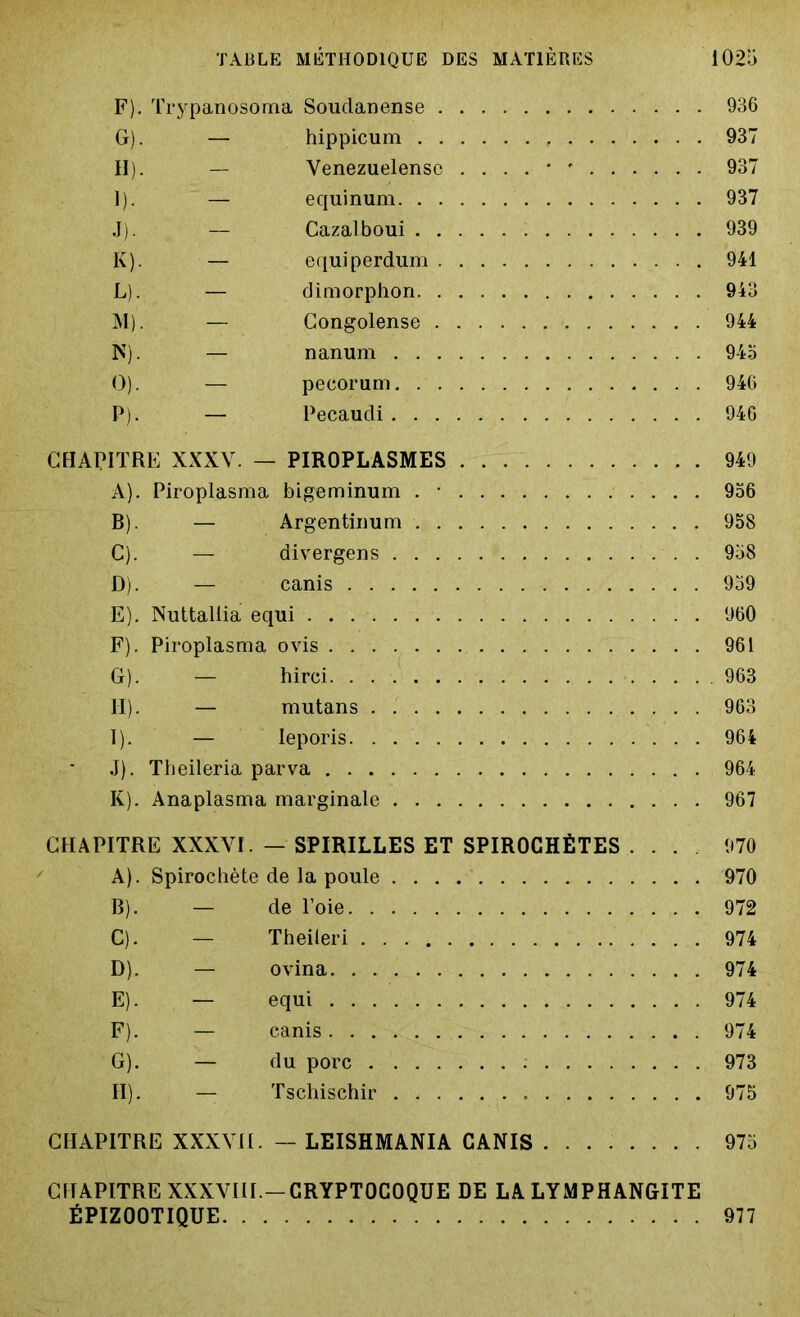 F) . Trypanosoma Soudanense 936 G) . — hippicum 937 II). — Venezuelensc 937 I) . — equinum 937 J) . — Cazalboui 939 K) . — equiperdum 941 L) . — dimorphon 943 M) . — Gongolense 944 N) . — nanum 94a O) . — pecoram 946 P) . — Pecaudi 946 CHAPITRE XXXV. — PIROPLASMES 949 A) . Piroplasma bigeminum . • 956 B) . — Argentinum 958 C) . — divergens 958 D) . — canis 959 E) . Nuttallia equi 960 F) . Piroplasma ovis 961 G) . — hirci 963 II). — mutans . 963 I) . — leporis 964 J) . Theileria parva 964 K) . Anaplasma marginale 967 CHAPITRE XXXVI. — SPIRILLES ET SPIROCHÈTES ... 970 A) . Spirochète de la poule 970 B) . — de l’oie 972 C) . — Theileri 974 D) . — ovina 974 E) . — equi 974 F) . — canis 974 G) . — du porc 973 II). — Tschischir 975 CHAPITRE XXXVII. — LEISHMANIA CANIS 975 CHAPITRE XXXVIII.—CRYPTOCOQUE DE LA LYMPHANGITE ÉPIZOOTIQUE 977