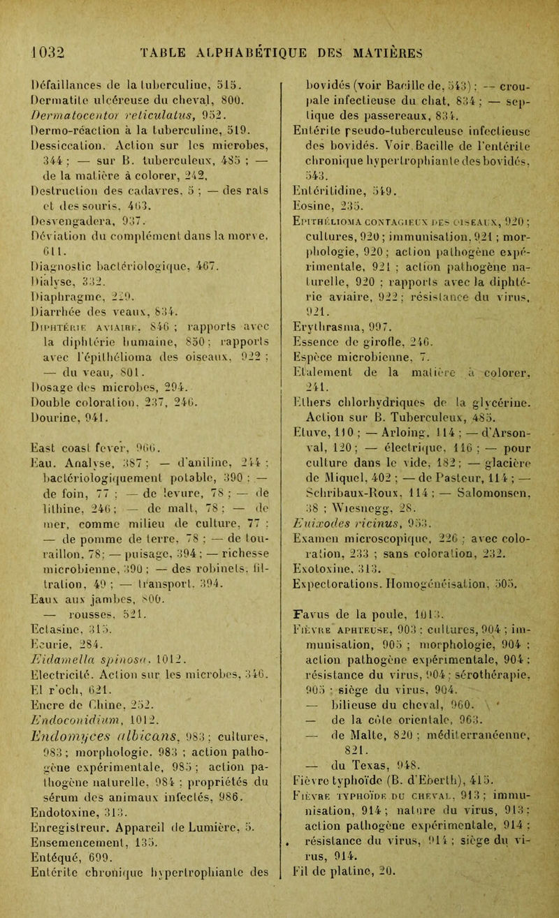 Défaillances de la tuberculine, 515. Dermatite ulcéreuse du cheval, 800. Dermatocentor reticulatus, 952. Dermo-réaction à la tuberculine, 519. Dessiccation. Action sur les microbes, 344 ; — sur B. tuberculeux, 485 ; — de la matière à colorer, 242, Destruction des cadavres, 5 ; — des rats et des souris, 403. Desvengadera, 937. Déviation du complément dans la morve, 611. Diagnostic bactériologique, 467. Dialyse, 332. Diaphragme, 229. Diarrhée des veaux, 834. Diphtérie aviaire, 846 ; rapports avec la diphtérie humaine, 850; rapports avec l’épilhélioma des oiseaux, 922 : — du veau, 801. Dosage des microbes, 294. Double coloration, 237, 246. Dourine, 941. East coast fever, 966. Eau. Analyse, 387; — d'aniline, 244: bactériologiquement potable, 390 : — de foin, 77 : — de levure, 78 ; — de lithine, 246; — de malt, 78; — de mer, comme milieu de culture, 77 : — de pomme de terre, 78 ; — de lou- raillon, 78: — puisage, 394 ; — richesse microbienne, 390 ; — des robinets, fil- tration, 49 ; — transport. 394. Eaux aux jambes, 800. — rousses. 521. Eclasinc, 315. Ecurie, 284. Eidamella spinosa. 1012. Electricité. Action sur les microbes, 346. El r'ocli, 621. Encre de Chine, 252. Endoconidium, 1012. Enclomyces ulbicans, 983; cultures, 983 ; morphologie. 983 ; action patho- gène expérimentale, 983 ; action pa- thogène naturelle, 984 ; propriétés du sérum des animaux infectés, 986. Endotoxine, 313. Enregistreur. Appareil de Lumière, 5. Ensemencement, 133. Entéqué, 699. Entérite chronique hypertrophianlc des bovidés (voir Bacille de, 543) : — crou- pale infectieuse du chat, 834 ; — sep- tique des passereaux, 834. Entérite pseudo-tuberculeuse infectieuse des bovidés. Voir. Bacille de l’entérite chronique hypertrophiante des bovidés, 343. Entéritidine, 549. Eosine, 233. Epithélioma contagieux des oiseaux, 920 ; cultures, 920 ; immunisation, 921 ; mor- phologie, 920; action pathogène expé- rimentale, 921 ; action pathogène na- turelle, 920 ; rapports avec la diphté- rie aviaire, 922 ; résistance du virus, 921. Erylhrasma, 997. Essence de girofle, 246. Espèce microbienne, 7. Egalement de la matière à colorer. 241. Ethers chlorhydriques de la glycérine. Action sur B. Tuberculeux, 485. Etuve, 110 ; — Arloing. 114 ; — d’Arson- val, 120; — électrique, 116 ; — pour culture dans le vide, 182; —glacière de Miquel, 402 ; — de Pasteur, 114 ; — Schribaux-Roux, 114;— Salomonsen, 38 ; Wiesnegg, 28. Euixodes ricinus, 953. Examen microscopique, 226 ; avec colo- ration, 233 ; sans coloration, 232. Exotoxine, 313. Expectorations. Homogénéisation, 305. Favus de la poule, 1013. Fièvre aphteuse, 903 : cultures, 904 ; im- munisation, 905 ; morphologie, 904 : action pathogène expérimentale, 904; résistance du virus, 904; sérothérapie, 903 • siège du virus, 904. — bilieuse du cheval, 960. — de la côte orientale, 963. — de Malte, 820 ; méditerranéenne, 821. — du Texas, 948. Fièvre typhoïde (B. d'Eberth), 415. Fièvre typhoïde du cheval, 913; immu- nisation, 914 ; nature du virus, 913; action pathogène expérimentale, 914 : résistance du virus, 914; siège du vi- rus, 914. Fil de platine, 20.