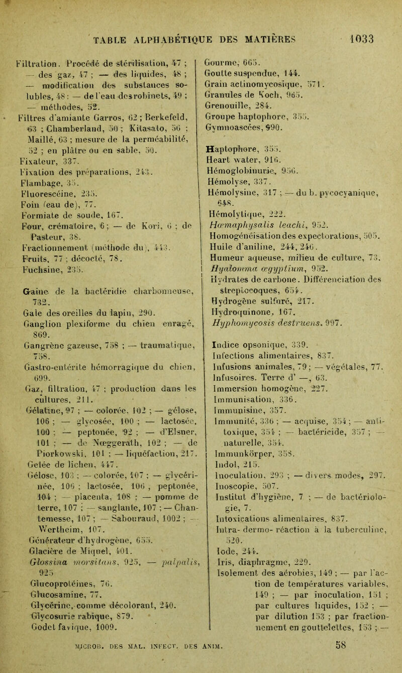 Filtration. Procédé de stérilisation, 47 ; des gaz, 47 ; — des liquides, 48 ; — modification des substances so- lubles, 48 : — de l'eau des robinets, 49 ; — méthodes, 52. Filtres d’amiante Garros, 02 ; Berkefeld, H»3 ; Chamberland, 50 ; Kitasato, 50 ; Maillé, 63 ; mesure de la perméabilité, 52 ; en plâtre ou en sable, 50. Fixateur, 337. Fixation des préparations, 243. Flambage, 35. Fluorescéine, 235. Foin feau de), 77. Formiate de soude, 167. Four, crématoire, 6; — de Kori, 0 ; de Pasteur, 38. Fractionnement (méthode du), 443. Fruits, 77 ; décodé, 78. Fuchsine, 235. Graine de la bactéridie charbonneuse, 732. Gale des oreilles du lapin, 290. Ganglion plexiforme du chien enragé, 869. Gangrène gazeuse, 758 ; — traumatique, 758. Castro-entérite hémorragique du chien, 699. Gaz, filtration, 47 ; production dans les cultures, 211. Gélatine, 97 ; — colorée, 102 ; — gélose, 106 ; — glycosée, 100 ; — lactoséc, 100 ; — peptonée, 92 ; — d’Elsner, 101 ; — de Nœggerath, 102 ; — de Piorkowski, 101 : —liquéfaction, 217. Gelée de lichen, 447. Gélose, 103 ; — colorée, 107 ; — glycéri- née, 106 ; laetosée, 106 , peptonée, 104 ; — placenta, 108 ; — pomme de terre, 107 ; — sanglante, 107 ; — Chan- temesse, 107 ; — Sabouraud, 1002 ; - Wertheim, 107. Générateur d’hydrogène, 655. Glacière de Miquel, 401. Glossina morsitans, 925, — pctlpalis, 925 Glucoproléines, 76. Glucosamine, 77. Glycérine, comme décolorant, 240. Glycosurie rabique, 879. Godet favique, 1009. Gourme,' 665. Goutte suspendue, 144. Grain actinomycosîque, 571. Granules de Koch, 965. Grenouille, 284. Groupe haptophore, 355. Gymnoascées, 990. Haptophore, 355. Heart water, 916. Hémoglobinurie, 956. Hémolyse, 337. Hémolysine, 317 ; — du b. pycocyaniquc, 648. Hémolytique, 222. Hœmaphysalis leachi, 952. Homogénéisation des expectorations, 505. Huile d’aniline, 244, 246. Humeur aqueuse, milieu de culture, 73. I Hyal-ornma œgryptium, 952. Hydrates de carbone. Différenciation des streptocoques, 654. Hydrogène sulfuré, 217. Hydroquinone, 167. Hyphomycosis destruens. 997. Indice opsonique, 339. Infections alimentaires, 837. Infusions animales, 79 ; — végétales, 77. Infusoires. Terre d’ —, 63. Immersion homogène, 227. Immunisation, 336. Immunisine, 357. Immunité, 336 ; — acquise, 354 ; — anti- toxique, 354 ; — bactéricide, 357 ; — naturelle, 354. Immunkorper, 358. Indol, 215. Inoculation, 293 ; —divers modes, 297. Inoscopie, 507. Institut d’hygiène, 7 ; — de bactériolo- gie, 7. Intoxications alimentaires, 837. Intra- dermo- réaction à la tuberculine, 520. Iode, 244. Iris, diaphragme, 229. Isolement des aérobies, 149 ; — par l’ac- tion de températures variables, 149 ; — par inoculation, 151 ; par cultures liquides, 152 ; — par dilution 153 ; par fraction- nement en gouttelettes, 153 ; — MiCROtî. DES MAL. INl'ECT. DES ANIM. 58