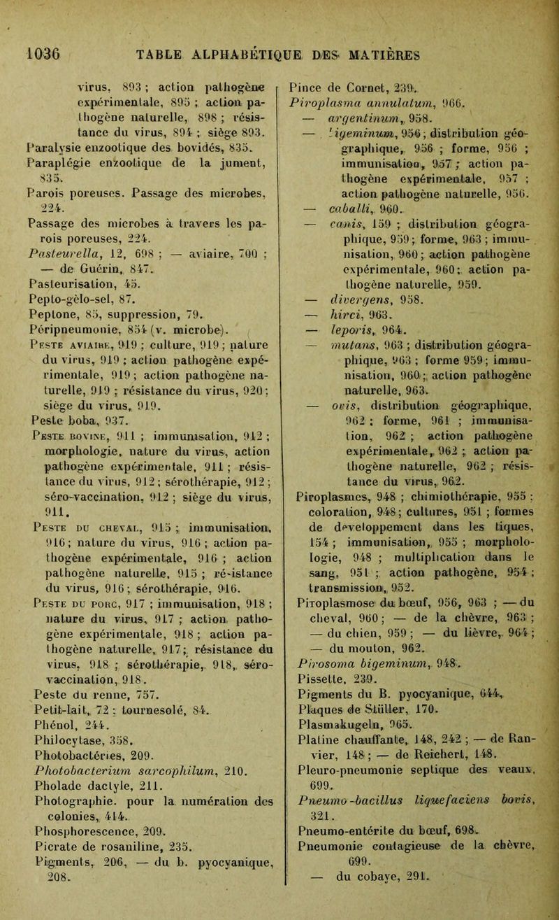 virus, 893 ; action pathogène experimentale, 895 ; action pa- thogène naturelle, 898 ; résis- tance du virus, 894 ; siège 893. Paralysie enzootique des bovidés, 835. Paraplégie enizootique de la jument, 835. Parois poreuses. Passage des microbes, 224. Passage des microbes à travers les pa- rois poreuses, 224. Pasteurella, 12, 698 ; — aviaire, 7QÛ ; — de Guérin, 847. Pasteurisation, 45. Peplo-gèto-sel, 87. Peplone, 85, suppression, 79. Péripneumonie, 854 (v. microbe). Peste aviaire, 919; culture, 919; nature du virus, 919 ; action pathogène expé- rimentale, 919; action pathogène na- turelle, 919 ; résistance du virus, 920; siège du virus, 919. Peste boba, 937. Peste bovine, 911 ; immunisation, 912; morphologie, nature du virus, action pathogène expérimentale, 911 ; résis- tance du virus, 912; sérothérapie, 912; séro-vaccination, 912 ; siège du virus, 911. Peste du chevai,, 915 ;. immunisation, 916; nature du virus, 916; action pa- thogène expérimentale, 916 ; action pathogène naturelle, 915 ; ré-istance du virus, 916; sérothérapie, 9-16. Peste du porc, 917 ; immunisation, 918 ; nature du virus, 917 ; action, patho- gène expérimentale, 918 ; action pa- thogène naturelle, 917;. résistance du virus, 918 ; sérothérapie,. 918,, séro- vaccination, 918. Peste du renne, 757. Petit-lait,. 72; tournesolé, 84. Phénol, 244. Philocytase, 358. Photobactéries, 209. Photobacterium sarcophilum, 210. Pholade dactyle, 211. Photographie, pour la numération des colonies, 414. Phosphorescence, 209. Picrate de rosaniline, 235. Pigments, 206, — du b. pyocyanique, 208. Pince de Cornet, 239. Piroplasma annulatum, 966. — argentinum,, 958. — . i igeminum, 95-6 ; distribution géo- graphique, 93.6 ; forme, 956 ; immunisation, 957 ; action pa- thogène expérimentale, 957 ; action pathogène naturelle, 956. — caballi,, 960.. — canis, 159 ; distribution géogra- phique, 959 ; forme, 963 ; immu- nisation, 960 ; action pathogène expérimentale, 960;. action pa- thogène naturelle, 959. — divergeas, 958. —■ hirci, 963. — leporis, 964. — mutans, 963 ; distribution géogra- phique, 963 ; forme 959 ; immu- nisation, 960 ;, action pathogène naturelle, 963. — osis, distribution géographique, 962 ; forme, 961 ; immunisa- tion, 962 ; action pathogène expérimentaler 962 ; action pa- thogène naturelle, 962 ; résis- tance du virus,, 96,2. Piroplasmes, 948 ; chimiothérapie, 955 ; coloration, 948; cultures, 951 ; formes de développement dans les tiques, 154 ; immunisation,. 955 ; morpholo- Iogie, 948 ; multiplication dans le sang, 951 ; action pathogène, 954 ; transmission,, 9.52. Piroplasmose du, bœuf, 956, 963 ; —du cheval, 960 ; — de la chèvre, 963 ; — du chien, 959 ; — du lièvre,. 964 ; — du mouton, 962. Pirosoma bigeminum948. Pissette, 239. Pigments du B. pyocyanique, 644,. Plaques de Stüller, 170. Plasmakugeln, 965. Platine chauffante, J 48, 242 ; — de Ran- vier, 148 ; — de Reichert, 148. Pleuro pneumonie septique des veaux, 699. Pneumo -bacillus ligue faeiens bonis, 321. Pneumo-entérite du bœuf, 698. Pneumonie contagieuse de la chèvre, 699. — du cobaye, 29 L.