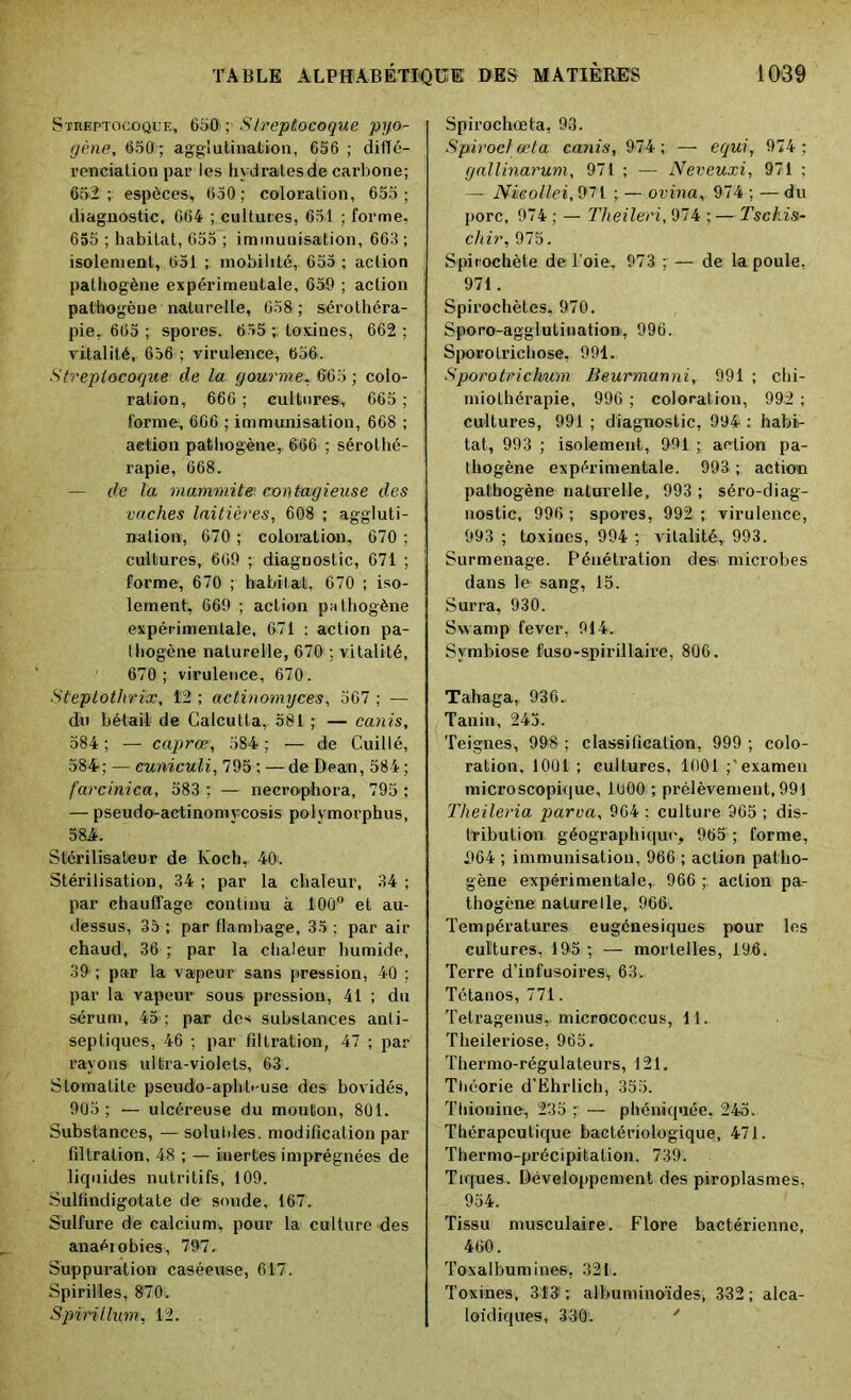 Stheptocoque, &§0>; Streptocoque pyo- gène, 650:; agglutination, 656 ; diffé- renciation par les hydrates de carbone; 652; espèces, 650; coloration, 655; diagnostic, 664 ; cultures, 65.1 ; forme, 655 ; habitat, 655 ; immunisation, 663 ; isolement, 651 ; mobilité, 655 ; action pathogène expérimentale, 659 ; action pathogène naturelle, 658; sérothéra- pie, 665 ; spores. 655 ;; toxines, 662 ; vitalité, 656 ; virulence, 656. Streptocoque de la gourme, 665 ; colo- ration, 666 ; cultures, 665 ; forme, 666 ; immunisation, 668 ; action pathogène, 666 ; sérothé- rapie, 668. — de la mammite contagieuse des vaches laitières, 608 ; aggluti- nation, 670 ; coloration, 670 ; cultures, 669 ; diaguostic, 671 ; forme, 670 ; habitat, 670 ; iso- lement, 669 ; action pathogène expérimentale, 671 ; action pa- thogène naturelle, 670'; vitalité, 670; virulence, 670. Steplothrix, 12 ; actinomyces, 567 ; — du bétail de Calcutta, 581 ; — canis, 584 ; — caprœ, 584 ; — de Cuillé, 584; — eumculi, 795 ; — de Dean, 584 ; farcinica, 583 ; — necrophora, 795 ; — pseudo-aetinomycosis polvmorphus, 584. Stérilisateur de Koch, 40. Stérilisation, 34 ; par la chaleur, 34 ; par chauffage continu à 100° et au- dessus, 35 ; par flambage, 35 : par air chaud, 36 ; par la chaleur humide, 39- ; par la vapeur sans pression, 40 ; par la vapeur sous pression, 41 ; du sérum, 45 ; par des substances anti- septiques, 46 ; par filtration, 47 ; par rayons ultra-violets, 63. Stomatite pseudo-aphb-use des bovidés, 905 ; — ulcéreuse du mouton, 801. Substances, — solubles, modification par filtration, 48 ; — inertes imprégnées de liquides nutritifs, 109. Sulfindigotate de soude, 167. Sulfure de calcium, pour la culture des anaérobies, 797. Suppuration caséeuse, 617. Spirilles, 870;. Spirillum, 12. Spirochœta, 93. Spirocl œta canis, 974 ; — equi, 974 ; gallinarum, 971 ; — Neveuxi, 971 ; — Nieollei, 971 ; — ovina, 974 ; — du porc, 974 ; — Theileri, 974 ; —Tsckis- chir, 975. Spir ochète de l’oie, 973 ; — de la poule, 971. Spirochètes, 970. Sporo-agglutination, 996. Sporolrichose, 991. Sporotrickum Beurmanni, 991 ; chi- miothérapie, 996 ; coloration, 992 ; cultures, 991 ; diagnostic, 994 : habi- tat, 993 ; isolement, 991 ; action pa- thogène expérimentale. 993 ; action pathogène naturelle, 993 ; séro-diag- nostic, 996 ; spores, 992 ; virulence, 993 ; toxines, 994 ; vitalité, 993. Surmenage. Pénétration des» microbes dans le sang, 15. Surra, 930. Swamp fever, 914. Symbiose fuso-spirillaire, 806. Tahaga, 936., Tanin, 243. Teignes, 998 ; classification, 999 ; colo- ration, 1001 ; cultures, 1001 examen microscopique, 1600,; prélèvement, 991 Theileria par va, 964 ; culture 965 ; dis- tribution géographique, 965 ; forme, 964 ; immunisation, 966 ; action patho- gène expérimentale, 966 ; action pa- thogène naturelle, 966'. Températures eugénesiques pour les cultures, 195 ; — mortelles, 196. Terre d’infusoires, 63. Tétanos, 771. Tetragenus, micrococcus, 11. Theileriose, 965. Thermo-régulateurs, 121. Théorie d’Ehrlich, 355. Thionine, 235 ; — phéniquée, 245. Thérapeutique bactériologique, 471. Thermo-précipitation. 739. Tiques. Développement des piroplasmes, 954. Tissu musculaire. Flore bactérienne, 460. Toxalbumines, 321. Toxines, 343; albuminoïdes, 332; alca- loidiques, 330!. '