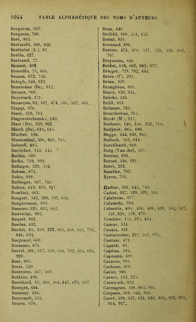 Bergeron, 507. Bergman, 748. Bert, 863. Bertarelli, 500, 868. Berthelot (A.), 83. Berlin, 527. Bertrand, 77. Besnoit, 692. Besredka. 73, 664. Besson, 672, 750. Betegh, 540, 922. Beurmann (De), 912. Bevans, 968. Beyerinck, 171. Bezançon, 93, 107, 474, 505, 507, 661. Biaggf, 576. Binot, 550, 783. Blagovetschenskv, 649. Blasi (De), 559, 902. Blieck (De), 611, 615. Blucher, 190. Blumenlhal, 596, 668, 785. Bobroff, 685. Boellcher. 143, lis. * Bochia, 500. Bodin, 729, 999. Bofinger, 529, 554. Bolune, 874. Bolitz, 918. Bollinger, 567, 743. Bolton, 619, 678, 917. Bombici, 663. Bongert, 543, 568, 707, 836. Bongiovanni, 893. Bonome, 525, 663, 682. Bonvicini, 905. Boquet, 902. Bordas, 432. Bordet, 85, 169, 222, 615, 658, 665, 776, 848, 854. Borgeaud, 669. Bormans, 874. Borrel, 501, 517, 538,554, 782, 854,895, 920. Bosc, 895. Bossi, 520. Bostroem, 567, 569. Botkine, 190. Bouchard, 15, 208, 584, 647, 679, 687. Bourges, 604. Bournay, 666. Bouveault, 533. Braem, 678. Brau, 646. Brefeld, 108, 151, 153. Breinl, 951. Bremond, 898. Breton, 474, 496, 517, 521, 526, 663, 767. Breymann, 648. Bridré, 618, 692, 902, 977. Brieger, 728,792, 841. Brien (O’), 291. Brion, 839. Broughton, 691. Bruce, 820,921. Brücke, 524. Brüll, 813. Briinner, 783. Bruscbettini, 785. Bryde (M'), 917. Buchner, 146, 168, 252, 710. Budjwid, 685, 686. Bugge, 544, 838, 905. Bulloch, 589, 648. Burckhardt, 919. Burg (Van der), 587. Bureau, 693. Burnet, 540, 921. Burri, 252. Buschke. 782. Byron, 795. Cadéac, 593, 643, 748. Gadiot, 527. 528, 529, 536. Calabrese, 877. Calamida, 919. Galmetle. 490. 496, 498, 499, 504, 517, 521, 526, 528, 878. Cambier, 153, 225, 434. Camus, 524. Canala, 821. Cantacuzène, 237, 502, 973. Cantani, 471. Capaldi, 93. Capitan, 585. Capmann, 688. Caraven, 993. Carbone, 599. Carini, 906. Carnot, 155, 225. Cardvvath, 922. Carougeau, 598, 865, 993. Carpano, 588, 805, 960. Carré, 599, 617, 624, 630, 895, 902, 905, 914, 917.