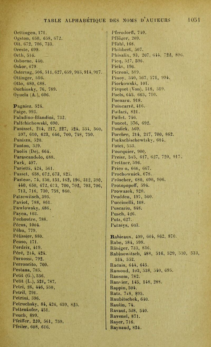 Oellingen, 171. Ogston, 650, 658, 072. Oit, G72, 706, 733. Oreste, 699. Ortli, 516. Osborne. 440. Oskor, 079. Osterlag, 506, 511,627,659, 905,914,917. Ottinger, 516. Otto, 680, C88. Ouchiusky, 76, 789. Oyuela (A.), 606. Pagoiez, 524. Paige, 993. Paladino-Blandini, 732. Paltchichowski, 690, Panissct, 214, 217, 227, 524, 554, 500, 597, 610, 623, 646, 700, 748, 750. Panizza, 520. Pantou, 529. Paolis (De). 664. Parascaudulo, 688. Park, 497. Parietti, 424, 561. Passet, 658, 672, 673, 825. Pasteur, 74, 150, 151, 162, 196, 312, 390, 440, 650, 672, 673, 700, 702, 703,706, 713, 716, 730, 758, 860. Patzewilsch, 395. Paviot, 788, 861. Pawlowsky, 686. Payeu, 103. Pechoutre, 788. Pécus, 1004. Péhu, 779. Pélissier, 880. Penso, 171. Perdrix, 419. Péré, 214, 424. Pernossi, 792. Perroncito, 700. Pestana, 785. Petit (G.), 556. Petit (L.j, 521, 787. Pétri, 26, 446, 550. Petril, 291. Petrini, 596. Petruchsky, 84, 426, 659, 825. Pettenkofer, 451. Peuch, 899. PfeilTer, 220, 561, 759. Pfeiler, 608, 616. Pferodorfï, 740. Pflüjjcr, 209. Pfühl, 168. Philibert, 507. Pliisalix, 93, 207, 644. 722, 896. Picq, 527, 596. Pickr., 196. Picroni, 519. Pinoy, 540, 567, 571, 994. Piorkoxvski, 101. Pirquet (Von), 518, 519. Poels, 645. 665, 710. Poenaru. 918. Poincarré, 416. Pollaci, 821. Pollet, 746. Poncet, 576, 692. Ponfick, 569. Porcher, 214, 217, 700, 862. Porkschischewtsky, 604. Potet, 553. Pourquier, 900. Preisz, 545, 617, 627, 720, 917. Prettner, 596. Prico o, 666, 667. Procliownick, 678. Prôscher, 680, 690, 906. Protopopoff, 594. l’rowazek, 920. Prudden, 197, 500. Puccinelli, 108. Puscariu, 848. Pusch, 426. Putz, 627. Pulzeys, 603. Rahieaux, 499, 604, 862, 870. Rabe, 584, 598. Raiiigei\ 733, 836. Rabiuowitsch, 488, 516, 529, 530, 533, 534, 552. Radais, 644, 645. Ramoud, lu3, 538, 540, 695. Ransoni, 782. Ramier, 145, 148, 288. Rappin, 504. Ratz, 748, §95. Raubilschek, 640. Raulin, 74. Ravaut, 538, 540. Ravenel, 871. Rayer, 716. Raynaud, 824.