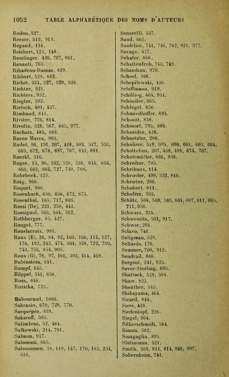 Redon,527. Reeser, 515, 913. Regaud, 116. Reichert, 123, 148. Remlinger. 426, 707, 861. Renault, 763. Ribadeau-Dunias, 839. Ribbert, 528, 682. Richet, 353, 527, 529, 538. Richter, 521. Richters, 952. Riegler, 593. Rietsch, 401, 437. Rimbaud, 841. Rivière, 776, 814. Rivolta, 528, 567, 665, 977. Rochaix, 483, 688. Rocco Marra, 903. Rodet, 96, 151, 207, 418, 503, 517, 553, 663, 672, 678, 687, 767, 841, 881. Roeckl, 510. Roger, 15, 96, 502, 528, 536, 644, 654, 660, 663, 664, 727, 749, 788. Rohrbeck, 125. Roig, 966. Roquet, 988. Rosenbach, 650, 658, 672, 673. Rosenthal, 165, 717, 805. Rossi (De), 221, 258, 441. Rossignol, 503, 504, 512. Rothberger, 85, 427. Rouget, 777. Rouslacroix, 993. Roux (E), 26, 84, 92, 104, 106, 114, 127, 170, 192, 242, 474, 504, 538, 722, 730, 743, 755, 854, 905. Roux (G), 78, 97, 161, 393, 414, 418. Rubinstein, 841. Rumpf, 645. Rüppel, 541, 658. Russ, 648. Ruzicka, 723. Sabouraud, 1000. Sabrazès, 679, 728, 776. Sacquépée, 839. Sakaroff, 595. Salimbeni, 52, 484. Salkowski, 214, 791. Salmon, 917. Salomoni, 865. Salomonsen, 38, 119, 147, 170, 185, 254, 510. Sanarelli, 437. Sand, 665. Sanfelice, 741, 746, 762, 921, 977. Savage, 427. Schafer, 868. Schattenfroh, 743, 749. Schaudinn, 970. Seheel, 568. Schepilewski, 436. Schiffmaun, 919. Schilling, 464, 951. Schindler, 865. Schlegel, 656. Schmicdhoffer, 894. Schuiilt, 838. Schmorl, 795, 804. Schneider, 426. Schnetzler, 206. Schnürer, 5i9, 595. 600, 601, 603, 604. Scholtelius, 207, 438, 498, 674, 707. Schotlmüller, 666, 838. Schreiber, 705. Schribaux, 114. Schrœder, 499, 522, 810. Schrœter, 206. Schubert. 611. Schultze, 553. Schütz, 504, 510, 585, 604, 607, 611, 665, 711, 956. Schwarz, 234. Schweinitz, 501, 917. Schwer, 291. Sclavo, 741. Seligman, 529r Sellards, 170. Semmer, 700, 912. Sendrail, 666. Sergent, 241, 925. Sever-Sterling, 695. ShaUock, 529, 594. Shaw, 823. Sheather, 545. Shibayama, 464. Sicard, 844. Sicre, 428. Siedentopf, 226. Siegel, 904. Silberschmidt, 584. Simon, 502. Sinagaglia, 895. Slatiueanu, 521. Smith, 501, 811, 814, 949 , 997. Sobernheim, 741.