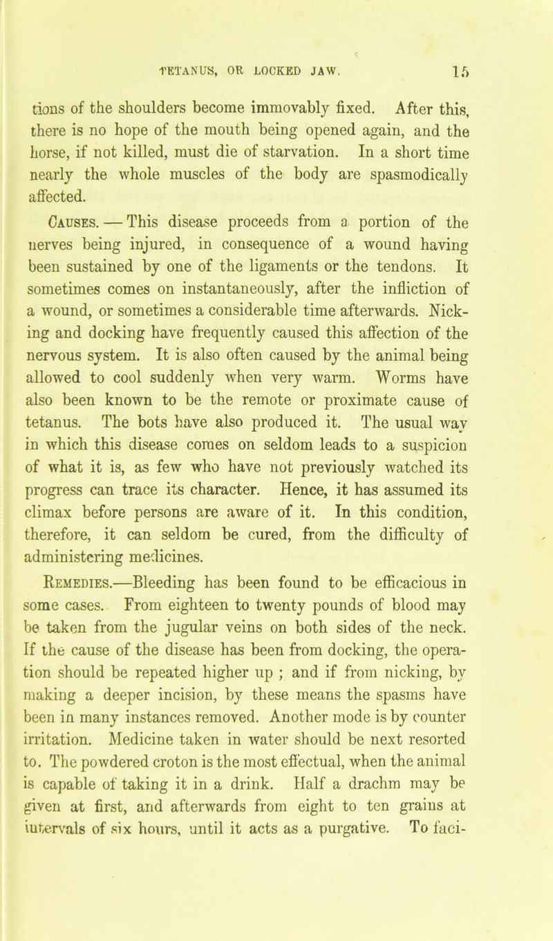 TETANUS, OR LOCKED JAW. 16 tions of the shoulders become immovably fixed. After this, there is no hope of the mouth being opened again, and the horse, if not killed, must die of starvation. In a short time nearly the whole muscles of the body are spasmodically affected. Causes. — This disease proceeds from a portion of the nerves being injured, in consequence of a wound having been sustained by one of the ligaments or the tendons. It sometimes comes on instantaneously, after the infliction of a wound, or sometimes a considerable time afterwards. Nick- ing and docking have frequently caused this affection of the nervous system. It is also often caused by the animal being allowed to cool suddenly when very warm. Worms have also been known to be the remote or proximate cause of tetanus. The bots have also produced it. The usual wav in which this disease comes on seldom leads to a suspicion of what it is, as few who have not previously watched its progress can trace its character. Hence, it has assumed its climax before persons are aware of it. In this condition, therefore, it can seldom be cured, from the difficulty of administering medicines. Remedies.—Bleeding has been found to be efficacious in some cases. From eighteen to twenty pounds of blood may be taken from the jugular veins on both sides of the neck. If the cause of the disease has been from docking, the opera- tion should be repeated higher up ; and if from nicking, by making a deeper incision, by these means the spasms have been in many instances removed. Another mode is by counter irritation. Medicine taken in water should be next resorted to. The powdered croton is the most effectual, when the animal is capable of taking it in a drink. Half a drachm may be given at first, and afterwards from eight to ten grains at intervals of six hours, until it acts as a purgative. To faci-