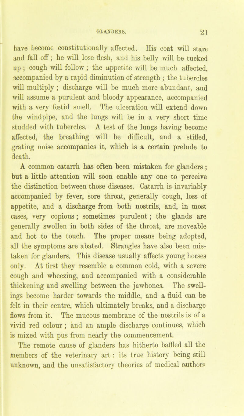 have become constitutionally affected. His coat will stare and fall off; be will lose flesh, and his belly will be tucked up ; cough will follow ; the appetite will be much affected, accompanied by a rapid diminution of strength ; the tubercles will multiply ; discharge will be much more abundant, and will assume a purulent and bloody appearance, accompanied with a very foetid smell. The ulceration will extend down the windpipe, and the lungs will be in a very short time studded with tubercles. A test of the lungs having become affected, the breathing will be difficult, and a stifled, grating noise accompanies it, which is a certain prelude to death. A common catarrh has often been mistaken for glanders ; but a little attention will soon enable any one to perceive the distinction between those diseases. Catarrh is invariably accompanied by fever, sore throat, generally cough, loss of appetite, and a discharge from both nostrils, and, in most cases, very copious; sometimes purulent; the glands are generally swollen in both sides of the throat, are moveable and hot to the touch. The proper means being adopted, all the symptoms are abated. Strangles have also been mis- taken for glanders. This disease usually affects young horses only. At first they resemble a common cold, with a severe cough and wheezing, and accompanied with a considerable thickening and swelling between the jawbones. The swell- ings become harder towards the middle, and a fluid can be felt in their centre, which ultimately breaks, and a discharge flows from it. The mucous membrane of the nostrils is of a vivid red colour; and an ample discharge continues, which is mixed with pus from nearly the commencement. The remote cause of glanders has hitherto baffled all the members of the veterinary art: its true history being still unknown, and the unsatisfactory theories of medical authors