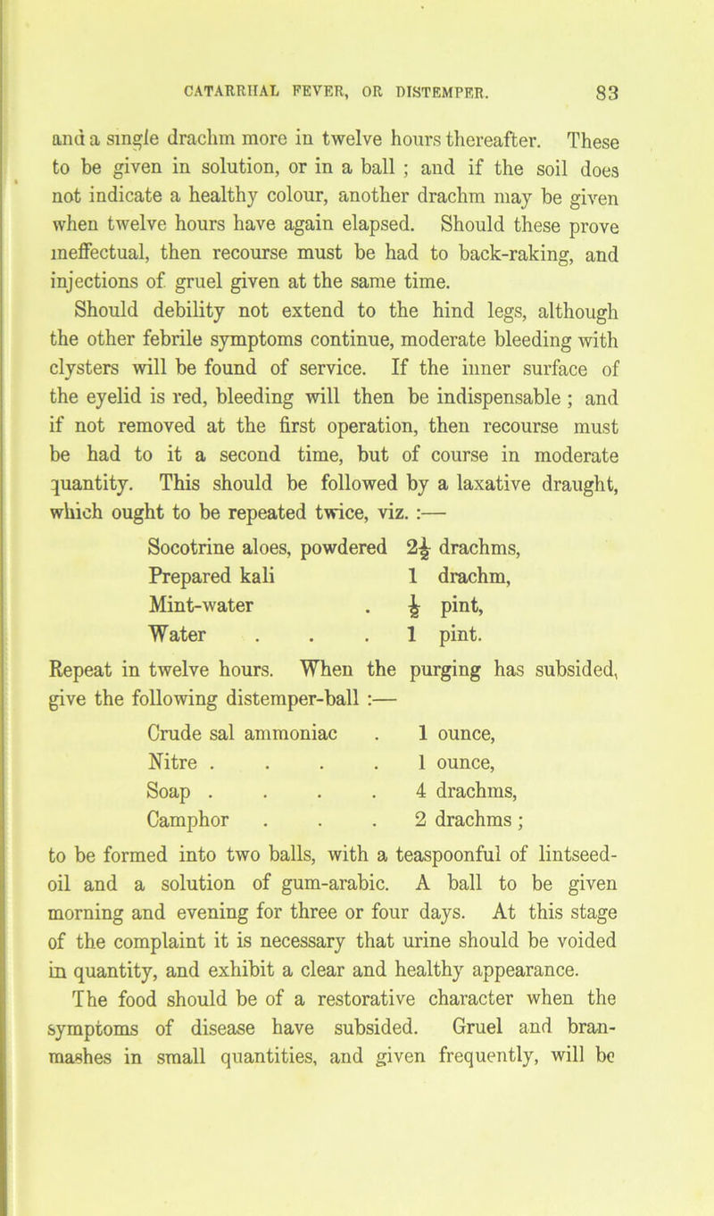 and a single drachm more in twelve hours thereafter. These to be given in solution, or in a ball ; and if the soil does not indicate a healthy colour, another drachm may be given when twelve hours have again elapsed. Should these prove ineffectual, then recourse must be had to back-raking, and injections of gruel given at the same time. Should debility not extend to the hind legs, although the other febrile symptoms continue, moderate bleeding with clysters will be found of service. If the inner surface of the eyelid is red, bleeding will then be indispensable ; and if not removed at the first operation, then recourse must be had to it a second time, but of course in moderate quantity. This should be followed by a laxative draught, which ought to be repeated twice, viz. :— Socotrine aloes, powdered 2^ drachms, Prepared kali 1 drachm, Mint-water . £ pint, Water ... 1 pint. Repeat in twelve hours. When the purging has subsided, give the following distemper-ball :— Crude sal ammoniac Nitre . Soap . Camphor 1 ounce, 1 ounce, 4 drachms, 2 drachms; to be formed into two balls, Avith a teaspoonful of lintseed- oil and a solution of gum-arabic. A ball to be given morning and evening for three or four days. At this stage of the complaint it is necessary that urine should be voided in quantity, and exhibit a clear and healthy appearance. The food should be of a restorative character when the symptoms of disease have subsided. Gruel and bran- mashes in small quantities, and given frequently, will be