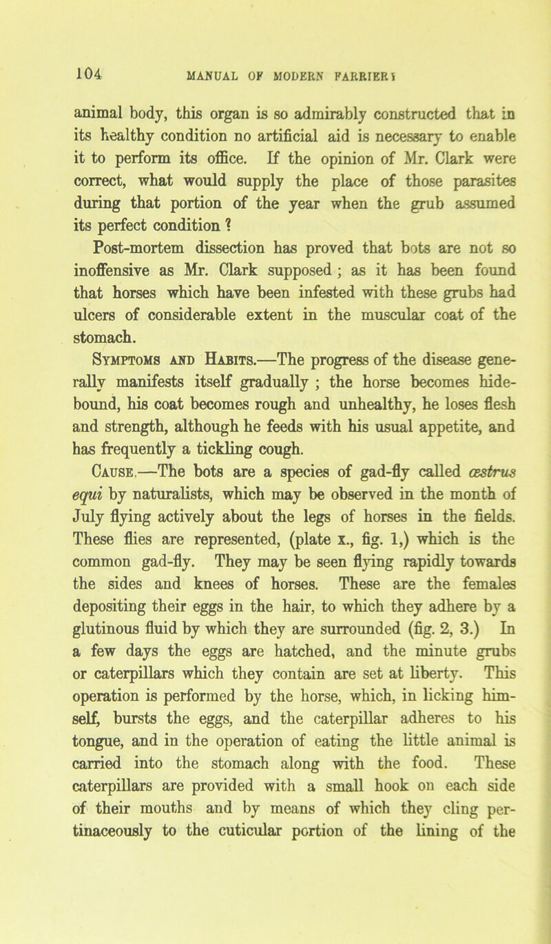 animal body, this organ is so admirably constructed that in its healthy condition no artificial aid is necessary to enable it to perform its office. If the opinion of Mr. Clark were correct, what would supply the place of those parasites during that portion of the year when the grub assumed its perfect condition ? Post-mortem dissection has proved that bots are not so inoffensive as Mr. Clark supposed ; as it has been found that horses which have been infested with these grubs had ulcers of considerable extent in the muscular coat of the stomach. Symptoms and Habits.—The progress of the disease gene- rally manifests itself gradually ; the horse becomes hide- bound, his coat becomes rough and unhealthy, he loses flesh and strength, although he feeds with his usual appetite, and has frequently a tickling cough. Cause.—The bots are a species of gad-fly called oestrus equi by naturalists, which may be observed in the month of July flying actively about the legs of horses in the fields. These flies are represented, (plate x., fig. 1,) which is the common gad-fly. They may be seen flying rapidly towards the sides and knees of horses. These are the females depositing their eggs in the hair, to which they adhere by a glutinous fluid by which they are surrounded (fig. 2, 3.) In a few days the eggs are hatched, and the minute grubs or caterpillars which they contain are set at liberty. This operation is performed by the horse, which, in licking him- self, bursts the eggs, and the caterpillar adheres to his tongue, and in the operation of eating the little animal is carried into the stomach along with the food. These caterpillars are provided with a small hook on each side of their mouths and by means of which they cling per- tinaceously to the cuticular portion of the lining of the