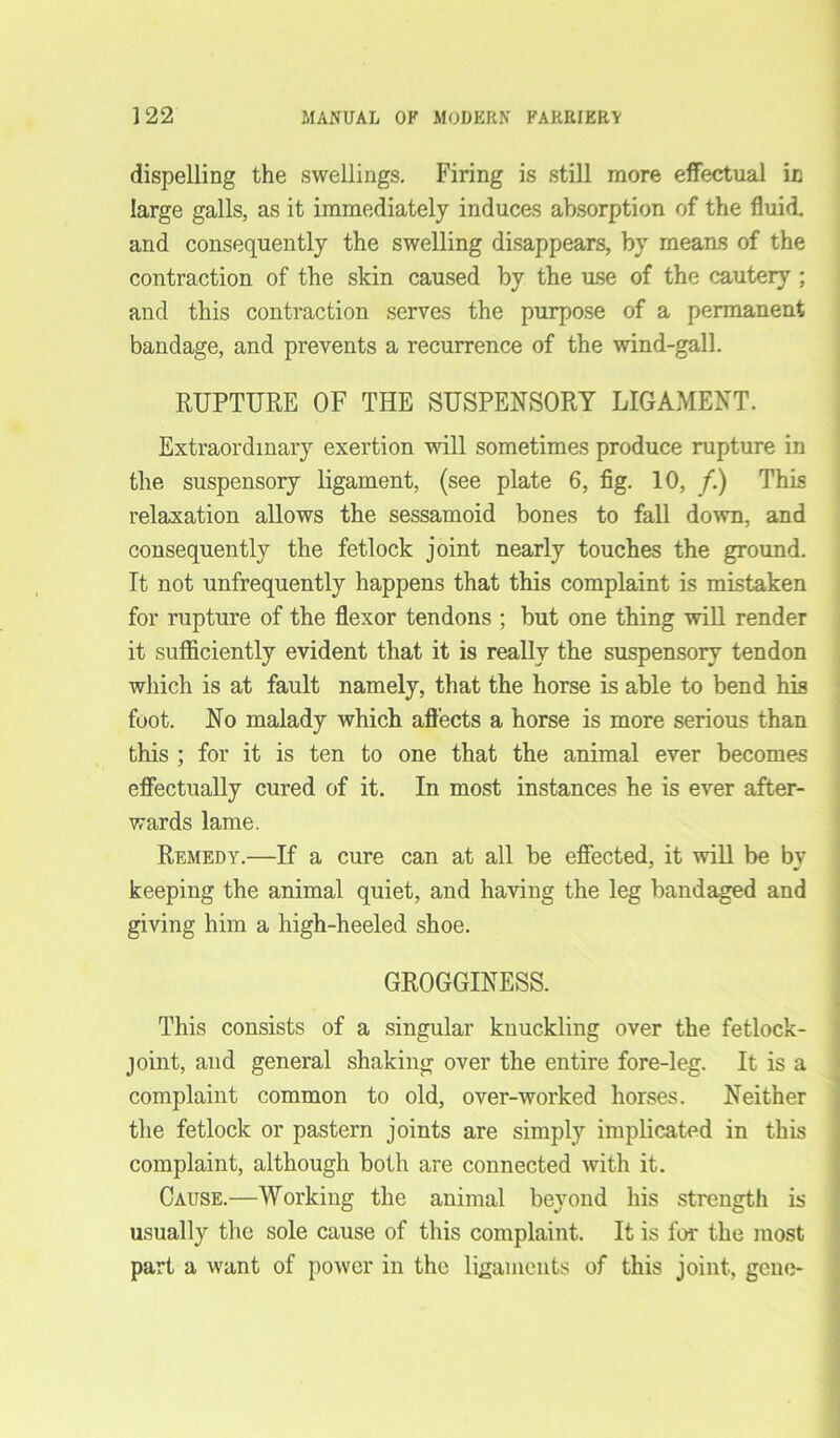 dispelling the swellings. Firing is still more effectual in large galls, as it immediately induces absorption of the fluid, and consequently the swelling disappears, by means of the contraction of the skin caused by the use of the cautery ; and this contraction serves the purpose of a permanent bandage, and prevents a recurrence of the wind-gall. RUPTURE OF THE SUSPENSORY LIGAMENT. Extraordinary exertion will sometimes produce rupture in the suspensory ligament, (see plate 6, fig. 10, f.) This relaxation allows the sessamoid bones to fall down, and consequently the fetlock joint nearly touches the ground. It not unfrequently happens that this complaint is mistaken for rupture of the flexor tendons ; but one thing will render it sufficiently evident that it is really the suspensory tendon which is at fault namely, that the horse is able to bend his foot. No malady which affects a horse is more serious than this ; for it is ten to one that the animal ever becomes effectually cured of it. In most instances he is ever after- wards lame. Remedy.—If a cure can at all be effected, it will be bv keeping the animal quiet, and having the leg bandaged and giving him a high-heeled shoe. GROGGINESS. This consists of a singular knuckling over the fetlock- joint, and general shaking over the entire fore-leg. It is a complaint common to old, over-worked horses. Neither the fetlock or pastern joints are simply implicated in this complaint, although both are connected with it. Cause.—Working the animal beyond his strength is usually the sole cause of this complaint. It is for the most part a want of power in the ligaments of this joint, geue-