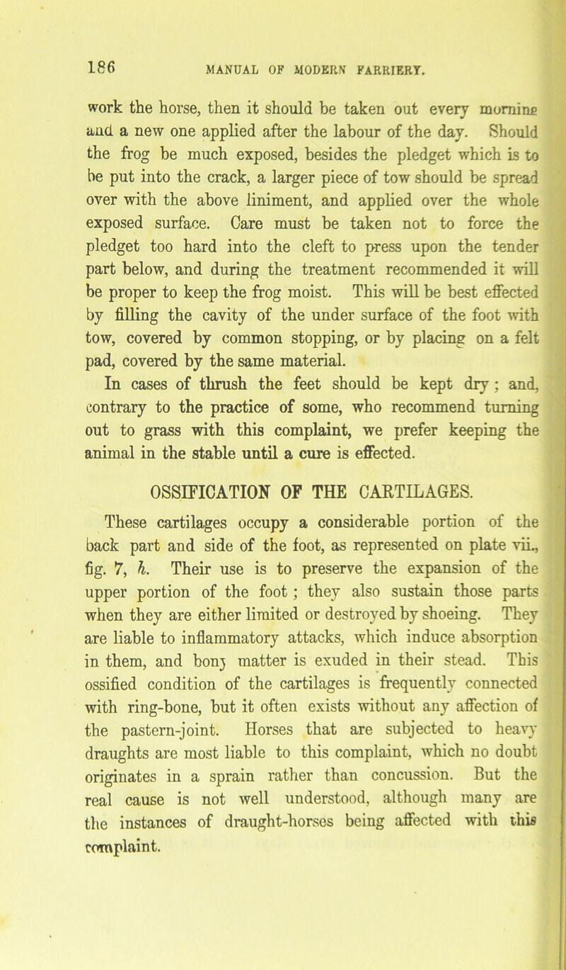 work the horse, then it should be taken out every morning and a new one applied after the labour of the day. Should the frog be much exposed, besides the pledget which is to be put into the crack, a larger piece of tow should be spread over with the above liniment, and applied over the whole exposed surface. Care must be taken not to force the pledget too hard into the cleft to press upon the tender part below, and during the treatment recommended it will be proper to keep the frog moist. This will be best effected by filling the cavity of the under surface of the foot with tow, covered by common stopping, or by placing on a felt pad, covered by the same material. In cases of thrush the feet should be kept dry; and, contrary to the practice of some, who recommend turning out to grass with this complaint, we prefer keeping the animal in the stable until a cure is effected. OSSIFICATION OF THE CARTILAGES. These cartilages occupy a considerable portion of the back part and side of the foot, as represented on plate vii., fig. 7, h. Their use is to preserve the expansion of the upper portion of the foot; they also sustain those parts when they are either limited or destroyed by shoeing. They are liable to inflammatory attacks, which induce absorption in them, and bonj matter is exuded in their stead. This ossified condition of the cartilages is frequently connected with ring-bone, but it often exists without any affection of the pastern-joint. Horses that are subjected to heavy draughts are most liable to this complaint, which no doubt originates in a sprain rather than concussion. But the real cause is not well understood, although many are the instances of draught-horses being affected with this complaint.