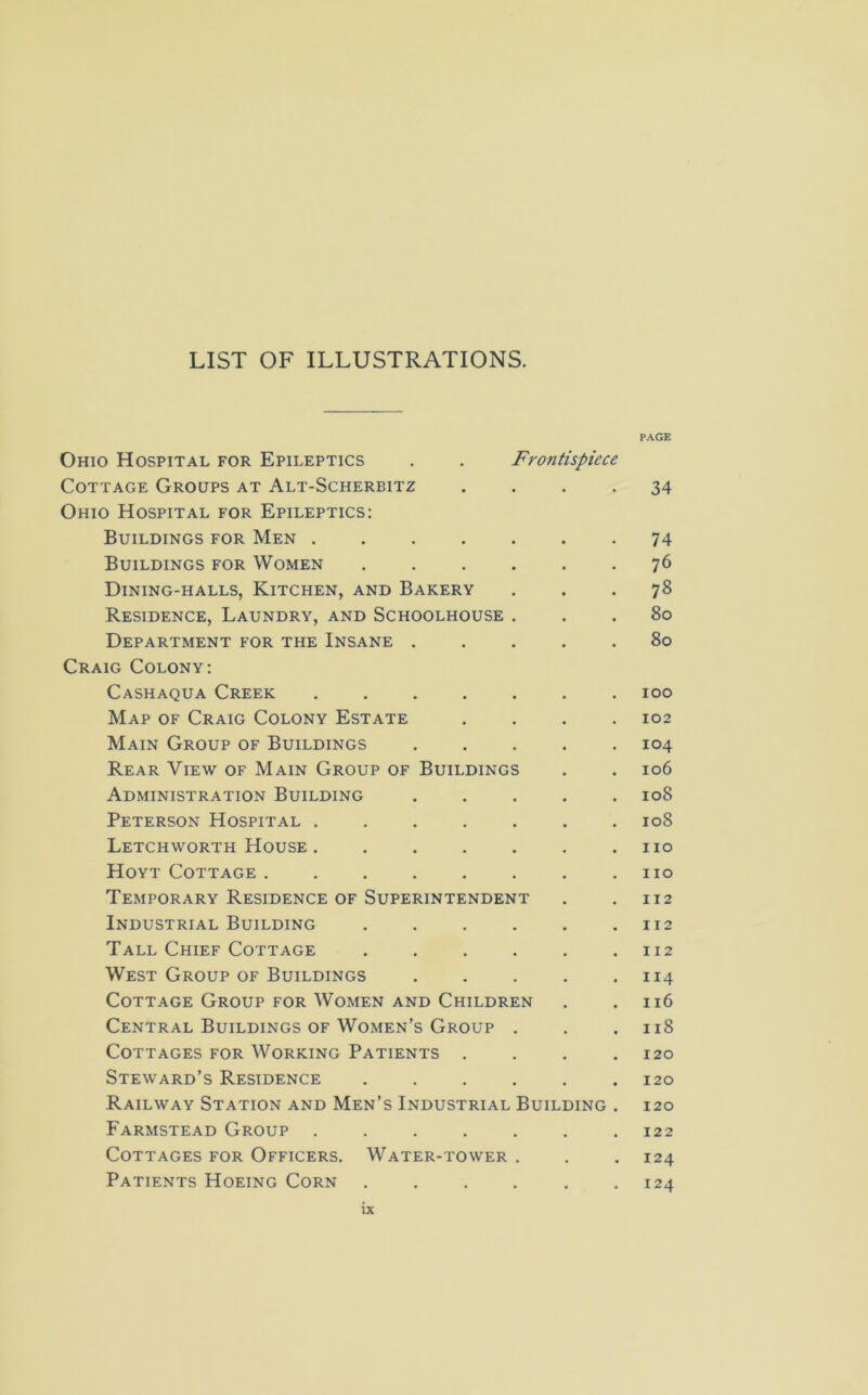 PAGE Ohio Hospital for Epileptics . . Frontispiece Cottage Groups at Alt-Scherbitz .... 34 Ohio Hospital for Epileptics: Buildings for Men 74 Buildings for Women 76 Dining-halls, Kitchen, and Bakery ... 78 Residence, Laundry, and Schoolhouse ... 80 Department for the Insane 80 Craig Colony: Cashaqua Creek . 100 Map of Craig Colony Estate .... 102 Main Group of Buildings ..... 104 Rear View of Main Group of Buildings . . 106 Administration Building ..... 108 Peterson Hospital ....... 108 Letchworth House . . . . . . .110 Hoyt Cottage . . . . . . . .110 Temporary Residence of Superintendent . . 112 Industrial Building . . . . . .112 Tall Chief Cottage . . . . . .112 West Group of Buildings 114 Cottage Group for Women and Children . .116 Central Buildings of Women’s Group . . .118 Cottages for Working Patients .... 120 Steward’s Residence . . . . . .120 Railway Station and Men’s Industrial Building . 120 Farmstead Group 122 Cottages for Officers. Water-tower . . .124 Patients Hoeing Corn ...... 124