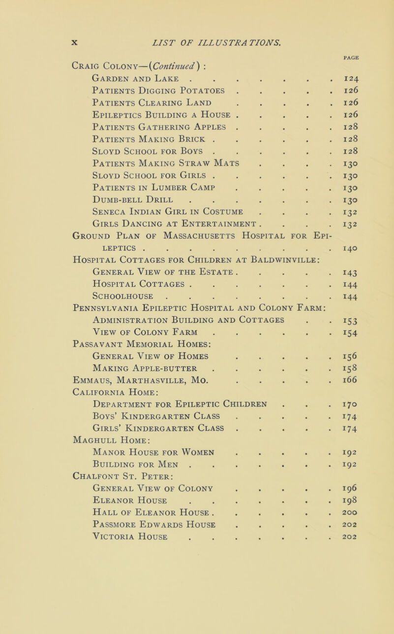 PAGE Craig Colony—(Continued) : Garden and Lake . . . . . . .124 Patients Digging Potatoes ..... 126 Patients Clearing Land . . . . .126 Epileptics Building a House ..... 126 Patients Gathering Apples . . . . .128 Patients Making Brick . . . . . .128 Sloyd School for Boys . . . . . .128 Patients Making Straw Mats .... 130 Sloyd School for Girls ...... 130 Patients in Lumber Camp ..... 130 Dumb-bell Drill ....... 130 Seneca Indian Girl in Costume .... 132 Girls Dancing at Entertainment .... 132 Ground Plan of Massachusetts Hospital for Epi- leptics 140 Hospital Cottages for Children at Baldwinville: General View of the Estate ..... 143 Hospital Cottages ....... 144 SCHOOLHOUSE ........ I44 Pennsylvania Epileptic Hospital and Colony Farm: Administration Building and Cottages . . 153 View of Colony Farm ...... 154 Passavant Memorial Homes: General View of Homes 156 Making Apple-butter 158 Emmaus, Marthasville, Mo. ..... 166 California Home: Department for Epileptic Children . . .170 Boys’ Kindergarten Class . . . . -174 Girls’ Kindergarten Class 174 Maghull Home: Manor House for Women ..... 192 Building for Men 192 Chalfont St. Peter: General View of Colony 196 Eleanor House ....... 198 Hall of Eleanor House 200 Passmore Edwards House 202 Victoria House ....... 202