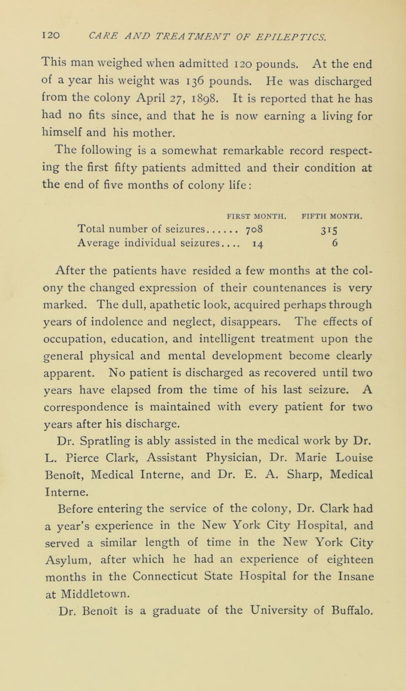 This man weighed when admitted 120 pounds. At the end of a year his weight was 136 pounds. He was discharged from the colony April 27, 1898. It is reported that he has had no fits since, and that he is now earning a living for himself and his mother. The following is a somewhat remarkable record respect- ing the first fifty patients admitted and their condition at the end of five months of colony life: FIRST MONTH. FIFTH MONTH. Total number of seizures 708 315 Average individual seizures.... 14 6 After the patients have resided a few months at the col- ony the changed expression of their countenances is very marked. The dull, apathetic look, acquired perhaps through years of indolence and neglect, disappears. The effects of occupation, education, and intelligent treatment upon the general physical and mental development become clearly apparent. No patient is discharged as recovered until two years have elapsed from the time of his last seizure. A correspondence is maintained with every patient for two years after his discharge. Dr. Spratling is ably assisted in the medical work by Dr. L. Pierce Clark, Assistant Physician, Dr. Marie Louise Benoit, Medical Interne, and Dr. E. A. Sharp, Medical Interne. Before entering the service of the colony, Dr. Clark had a year’s experience in the New York City Hospital, and served a similar length of time in the New York City Asylum, after which he had an experience of eighteen months in the Connecticut State Hospital for the Insane at Middletown. Dr. Benoit is a graduate of the University of Buffalo.