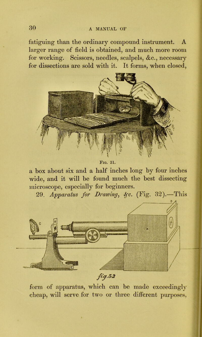 fatiguing than the ordinary compound instrument. A larger range of field is obtained, and much more room for working. Scissors, needles, scalpels, &c., necessary for dissections are sold with it. It forms, when closed, Fig. 31. a box about six and a half inches long by four inches wide, and it will be found much the best dissecting microscope, especially for beginners. 29. Apparatus for Draiving, 6fc. (Fig. 32).—This fy.52 form of apparatus, which can be made exceedingly cheap, will serve for two or three different purposes,