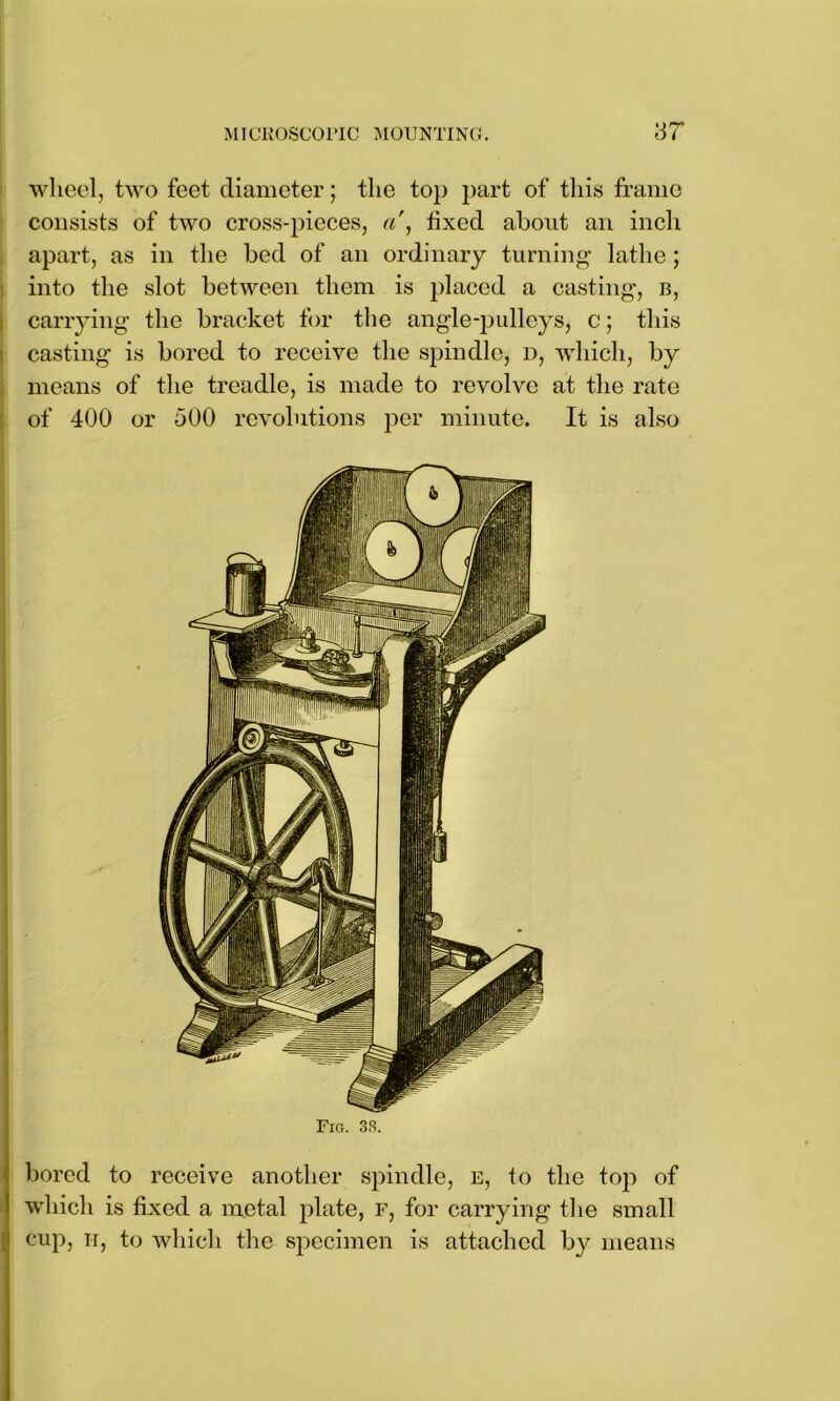 wheel, two feet diameter; the top part of this frame consists of two cross-pieces, a', fixed about an inch apart, as in the bed of an ordinary turning lathe; into the slot between them is placed a casting, b, carrying the bracket for the angle-pulleys, c; this casting is bored to receive the spindle, d, which, by means of the treadle, is made to revolve at the rate of 400 or 500 revolutions per minute. It is also Fig. 3S. ; bored to receive another spindle, e, to the top of which is fixed a metal plate, f, for carrying the small cup, h, to which the specimen is attached by means