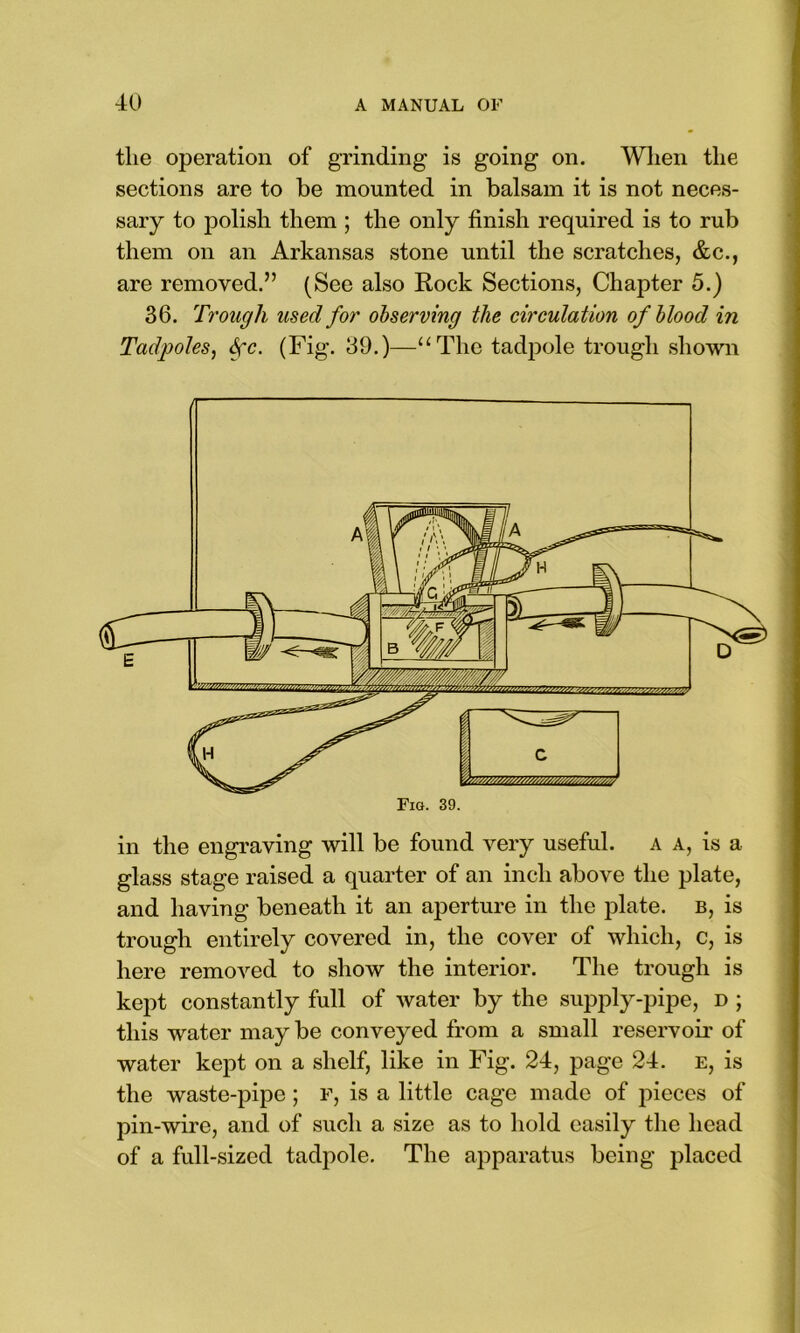 the operation of grinding is going on. When the sections are to be mounted in balsam it is not neces- sary to polish them ; the only finish required is to rub them on an Arkansas stone until the scratches, &c., are removed.” (See also Rock Sections, Chapter 5.) 36. Trough used for observing the circulation of blood in Tadpoles, Sgc. (Fig. 39.)—“The tadpole trough shown in the engraving will be found very useful, a a, is a glass stage raised a quarter of an inch above the plate, and having beneath it an aperture in the plate, b, is trough entirely covered in, the cover of which, c, is here removed to show the interior. The trough is kept constantly full of water by the supply-pipe, d ; this water may be conveyed from a small reservoir of water kept on a shelf, like in Fig. 24, page 24. e, is the waste-pipe; f, is a little cage made of pieces of pin-wire, and of such a size as to hold easily the head of a full-sized tadpole. The apparatus being placed