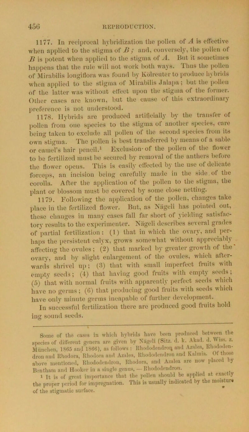 1177. In reciprocal hybridization the pollen of A is effective when applied to the stigma of Ji ; and, conversely, the pollen of Ji is potent when applied to the stigma of A. But it sometimes happens that the rule will not work both ways. Thus the pollen of Mirabilis longitiora was found by Kolreuter to produce hybrids when applied to the stigma ot Mirabilis Jalapa; but the pollen of the latter was without effect upon the stigma of the former. Other cases are known, but the cause ot this extiaoidinai\ preference is not understood. 1178. Hybrids are produced artificially by the transfer of pollen from one species to the stigma of another species, care being taken to exclude all pollen of the second species from its own stigma. The pollen is best transferred b \ means ot a sable or camel’s hair pencil.* 1 Exclusion- of the pollen of the flower to be fertilized must be secured by removal of the anthers before the flower opens. This is easily effected by the use of delicate forceps, an incision being carefully made in the side, of the corolla. After the application of the pollen to the stigma, the plant or blossom must be covered by some close netting. 1179. Following the application of the pollen, changes take place in the fertilized flower. But, as Nageli has pointed out, these changes in many cases fall far short of yielding satisfac- tory results to the experimenter. Nageli describes several grades of partial fertilization: (1) that in which the ovary, and per- haps the persistent calyx, grows somewhat without appreciably ^ affecting the ovules ; (2) that marked by greater growth of the ovary, and by slight enlargement of the ovules, which after- wards shrivel up; (3) that with small imperfect fruits with empty seeds; (4) that having good fruits with empty seeds; (5) that with normal fruits with apparently perfect seeds which have no germs; (G) that producing good fruits with seeds which have only minute germs incapable of further development. In successful fertilization there are produced good fruits hold ing sound seeds. Some of the eases in which hybrids have been produced between the species of different genera are. given by Nageli (Sitz. d. k. Akad. <1. iss. z. Miinehen, 1865 and 1866), as follows : Rhododendron and Azalea, Rhododen- dron and Rhodota. Rhodora and Azalea, Rhododendron and Kahnia. Of those above mentioned, Rhododendron, Rhodora, and Azalea are now placed by Bentham and Hooker in a single genus, — Rhododendron. 1 It is of great importance that the pollen should be applied at exactly the proper period for impregnation. This is usually indicated by the moisture of the stigmatic surface.