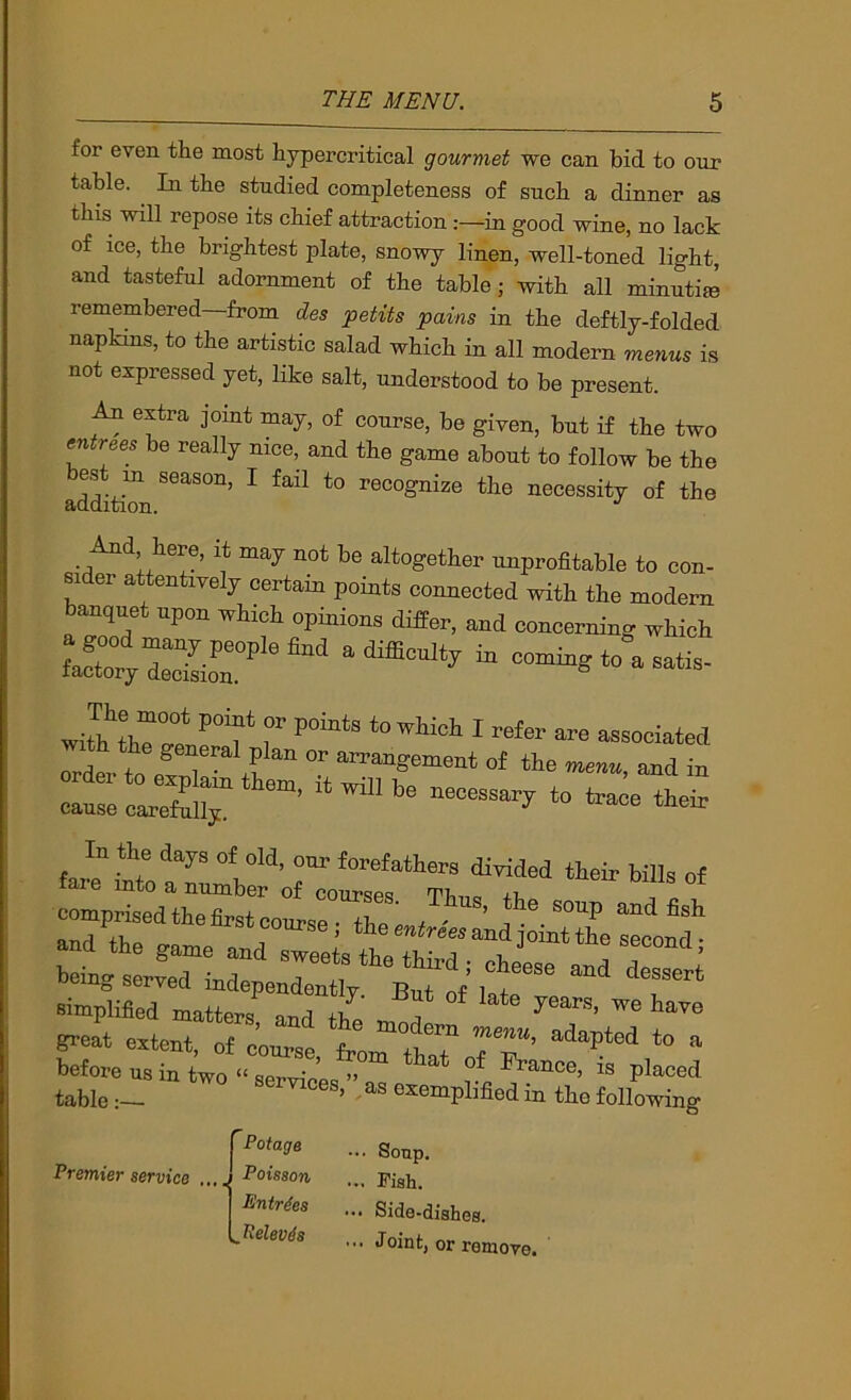 for even the most hypercritical gourmet we can bid to our table. In the studied completeness of such a dinner as this will repose its chief attraction :—^in good wine, no lack of ice, the brightest plate, snowy linen, well-toned light, and tasteful adornment of the table; with all minutite remembered—from des petits pains in the deftly-folded napkins, to the artistic salad which in all modern menus is not expressed yet, like salt, understood to be present. An extra jomt may, of course, be given, but if the two sntrees be really nice, and the game about to follow be the adLtiTn ^ recognize the necessity of the And here, it may not be altogether unprofitable to con- sider attentively certam points connected with the modern banquet upon which opinions differ, and concerning which fXsr “ “ “ Wia ^ associated ord®t, erol? tl 0* tie *»«•». and in cause oareMl “ to trace their In the days of old, our forefathers divided their bills of fare into a number of courses Thn« ! ! comprised the first course - ' ’ .1 .®. and fish simplified matters and iL a ^ ^ great ertent, of course T^’ *“ “ before us in two” service-T ^ ^anoe, is placed tableexemplified in the following Premier service Potage Poisson Entries ^Uelevis Soup. ... Fish. ... Side-dishes. ... Joint, or remove.