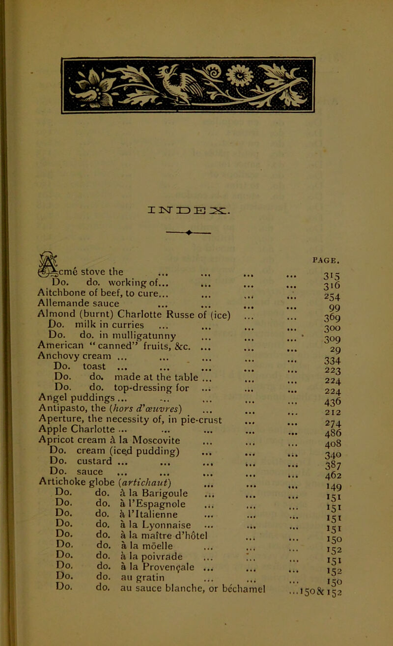 I :isr ID E Ds:. ♦— ^^cme stove the Do. do. working of... Aitchbone of beef, to cure... Allemande sauce Almond (burnt) Charlotte Russe of (ice) Do. milk in curries Do. do. in mulligatunny American “canned” fruits, &c. ... Anchovy cream ... Do. toast ... Do. do. made at the table ... Do. do. top-dressing for Angel puddings... Antipasto, the (hors d'oeuvres) Aperture, the necessity of, in pie-crust Apple Charlotte ... Apricot cream A la Moscovite Do. cream (icgd pudding) Do. custard ... Do. sauce Do. do. Do. do. Do. do. Do. do. Do. do. Do. do. Do. do. Do. do. Do. do. Do. do. a la Barigoule .i. a I’Espagnole I’ltalienne a la Lyonnaise a la maitre d’h6tel a la moelle la poivrade a la Proven^ale ... au gratin au sauce blanche, or bechame PAGE. 315 316 254 99 369 300 309 29 334 223 224 224 436 212 274 486 408 340 387 462 149 151 151 151 151 150 >52 151 >52 c '50 I50& 152