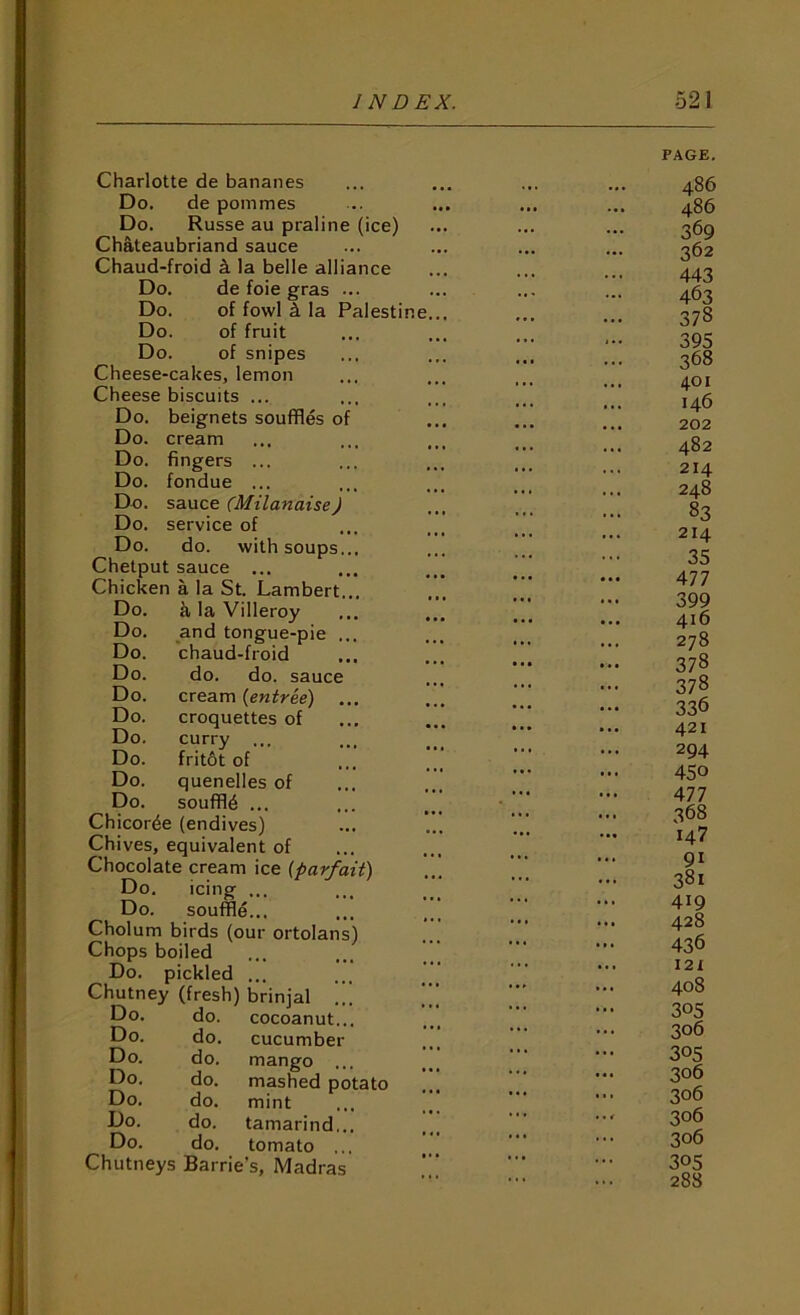 Charlotte de bananes Do. de pommes Do. Russe au praline (ice) Chateaubriand sauce Chaud-froid i la belle alliance Do. de foie gras ... Do. of fowl 4 la Palestine Do. of fruit Do. of snipes Cheese-cakes, lemon Cheese biscuits ... Do. beignets souffles of Do. cream Do. fingers ... Do. fondue ... Do. sauce (Milanaise) Do. service of Do. do. with soups... Chetput sauce ... Chicken a la St. Lambert... Do. a la Villeroy Do. _and tongue-pie ... Do. chaud-froid Do. do. do. sauce Do. cream (ewifyee) ... Do. croquettes of Do. curry Do. frit6t of Do. quenelles of Do. souffle ... Chicor^e (endives) Chives, equivalent of Chocolate cream ice (parfait) Do. icing ... Do. souffle... Cholum birds (our ortolans) Chops boiled Do. pickled ... Chutney (fresh) brinjal Do. Do. Do. Do. Do. Do. Do. do. do. do. do. do. do. do. cocoanut... cucumber mango ... mashed potato mint tamarind,., tomato Chutneys Barrie’s, Madras PAGE. 486 486 369 362 443 463 378 395 368 401 146 202 482 214 248 83 214 35 477 399 416 278 378 378 336 421 294 450 477 368 147 91 381 419 428 436 121 408 305 306 305 306 306 306 306 305 288