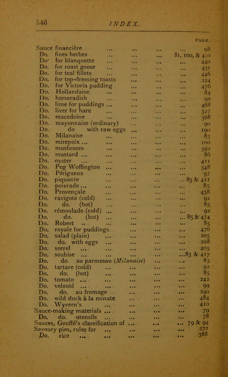 Sauce financiere PAGE. 98 Do. fines herbes • • • 81, 100, & 410 Do- for blanquette • • • 44« Do. for roast goose • • • 431 Do. for teal fillets ... ... 446 Do. for top-dressing toasts ... 224 Do. for Victoria pudding •. * 476 Do. Hollandaise 84 Do. horseradish 90 Do. lime for puddings ... 468 Do. liver for hare ... 327 Do. macedoine 368 Do. mayonnaise (ordinary) 90 Do. do with raw eggs ... ... 190 Do. Milanaise 83 Do. mirepoix ... ... ... ... 100 Do. mushroom ... 392 Do. mustard ... 86 Do. oyster •. • . ♦. 4H Do. Peg Woffington ... •. • 348 Do. Perigueux ... 97 Do. piquante ... ... 85 & 421 Do. poivrade... ... 85 Do. Provenfale ... 438 Do. ravigote (cold) ... 92 Do. do. (hot) 85 Do. remoulade (cold) ... ... 92 Do. do. (hot) ... 85 & 474 Do. Robert ••• ... 85 Do. royale for puddings 476 Do. salad (plain) • •• ... 205 Do. do. with eggs • »• ... ... 208 Do. sorrel 405 Do. soubise ... ...83 & 417 Do. do. au parmesan (Milanaise) .*• 83 Do. tartare (cold) •. • 92 Do. do. (hot) • •• ... 85 Do. tomato ... . ... 242 Do. veloute ... 99 Do. do. au fromage . ... 240 Do. wild duck a la minute .... ... 484 Do. Wyvern’s ... 410 Sauce-making materials ... . • • • ... 79 Do. do. utensils •. • • •• 78 .Sauces, Gouff^’s classification of • • • • • • ... 79&94 Savoury pies, rules for • •• ... 272 Do. ••• ... 368