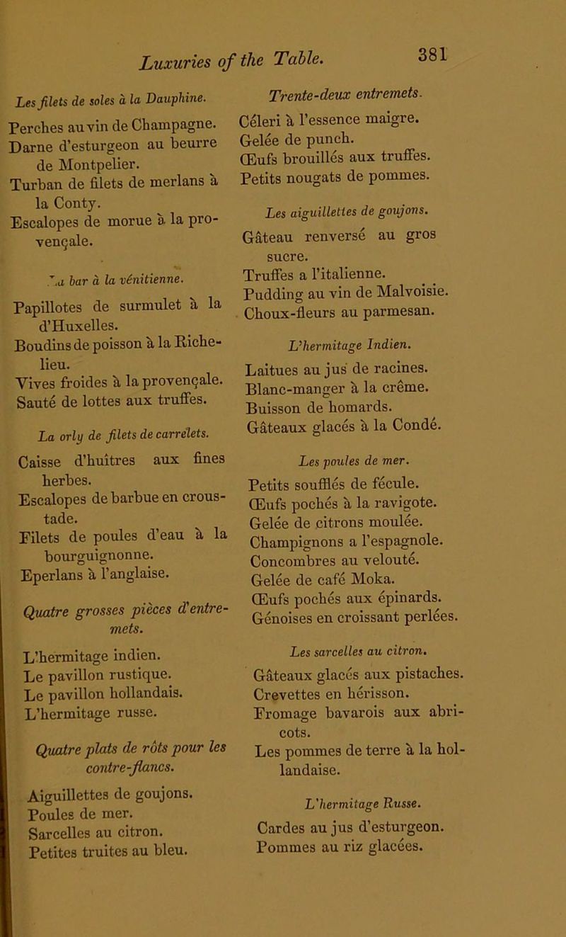 Les filets de soles a la Dauphine. Perches auvin de Champagne. Darne d’esturgeon au beurre de Montpelier. Turban de filets de merlans a, la Conty. Escalopes de morue a la pro- ventjale. ba bar a la vtnitienne. Papillotes de surmulet a la d’Huxelles. Boudins de poisson a la Kiche- lieu. Yives froides it la provenqale. Saute de lottes aux truffes. La orly de filets de carrelets. Caisse d’huitres aux fines herbes. Escalopes de barbue en crous- tade. Filets de poules d’eau a la bourguignonne. Eperlans a l’anglaise. Quatre grosses pieces d'entre- mets. L’hermitage indien. Le pavilion rustique. Le pavilion hollandais. L’hermitage russe. Quatre plats de rots pour les contre-flancs. Aiguillettes de goujons. Poules de mer. Sarcelles au citron. Petites truites au bleu. Trente-deux entremets. Celeri a l’essence maigre. Gelee de punch. CEufs brouilles aux truffes. Petits nougats de pommes. Les aiguillettes de goujons. Gateau renverse au gros sucre. Truffes a l’italienne. Pudding au vin de Malvoisie. Choux-fleurs au parmesan. L’hermitage Indien. Laitues au jus de racines. Blanc-manger it la creme. Buisson de homards. Gateaux glaces a la Conde. Les poules de mer. Petits souffies de fecule. (Eufs poches a la ravigote. Gelee de citrons moulee. Champignons a l’espagnole. Concombres au veloute. Gelee de cafe Moka. CEufs poches aux epinards. Genoises en croissant perlees. Les sarcelles au citron. Gateaux glaces aux pistaches. Crevettes en herisson. Fromage bavarois aux abri- cots. Les pommes de terre a la hol- landaise. L'hermitage Russe. Cardes au jus d’esturgeon. Pommes au riz glacees.