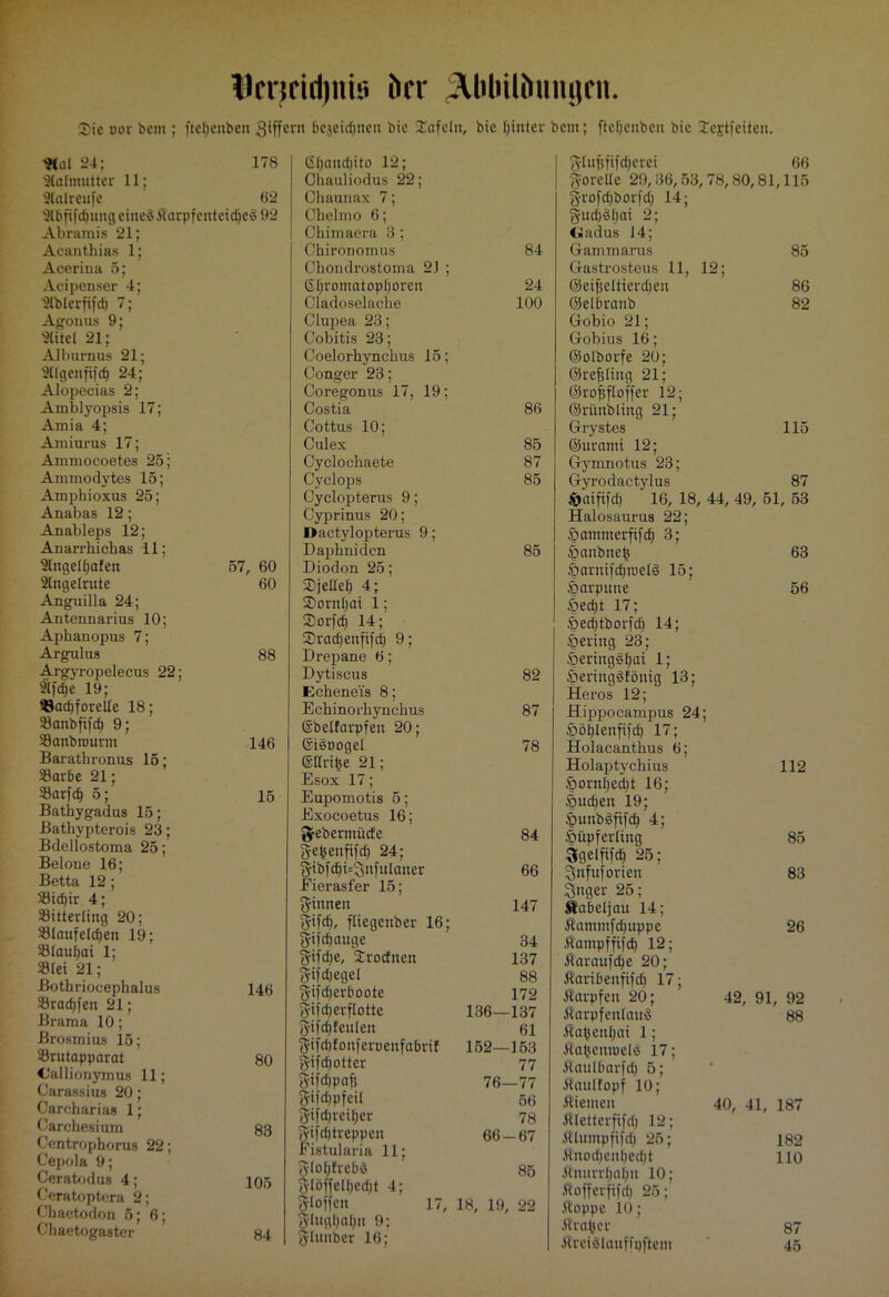 Dertcitl)iüö hn* ^Hilulinnujrit. Sie uor bem ; fteljenben Ziffern bejeidjiten bic Safeln, bie hinter bent; ftefjcnben bte Sejrtfeiten. tCal 24; 178 Aalmutter 11; Slalreufe 62 '2lbfifc^ung eiuedÄarpfenteid^eä 92 Abramis 21; Acanthias 1; Aceriua 5; Acipenser 4; ^Cblerfifd) 7; Agonus 9; Ulitel 21; Alburnus 21; 2l(genfifcfj 24; Alopecias 2; Amblyopsis 17; Amia 4; Amiurus 17; Ammocoetes 25; Ammodytes 15; Amphioxus 25; Anabas 12; Anableps 12; Anarrhichas 11; Slngeüjafen 57, 60 2lngelrute 60 Anguilla 24; Antenn arius 10; Aphanopus 7; Argulus 88 Argyropelecus 22; tf|e 19; Bachforelle 18; Banbfifd) 9; Banbrourm 146 Barathronus 15; Barbe 21; Sarfch 5; 15 Batbygadus 15; Bathypterois 23; Bdellostoma 25; Belone 16; Betta 12 ; Bid)ir 4; Bitterling 20; Blaufeldjen 19; Blaul)ai 1; Blei 21; Bothriocephalus 146 Bracfpen 21; Brama 10; ßrosmius 15; Brutapparat 80 G'allionymus 11; Carassius 20; Carcharias 1; Carchesium 83 Centrophorus 22; Cepola 9; Ceratodus 4; 105 C'eratoptera 2; Chaetodon 5; 6; Chaetogaster 84 Gfjandjito 12; Ohauliodus 22; Chaunax 7; Chelmo 6; Chimaora 3 ; Chironomus Chondrostoma 2.1 ; ©Ijromatophoren Cladoselaclie Clupea 23; Cobitis 23; Coelorhynchus 15; Conger 23; Coregonus 17, 19; Costia Cottus 10; Culex Cyclocliaete Cyclops Cyclopterus 9; Cyprinus 20; I>actylopterus 9; Daphnidcn Diodon 25; Sjellet) 4; Sornljai 1; Sorfcf) 14; Sradjenfifd) 9; Drepane 6; Dytiscus Echene'is 8; Echinorhynchus ©belfarpfen 20; ©igoogel (gririhe 21; Esox 17; Eupomotis 5; Exocoetus 16; S'Cbermüde gefjenfifd) 24; gibfdibgnfulaner Eierasfer 15; ginnen gifdj, fliegenber 16; gifd)auge gifdje, Xrocfnen gif d) ege l gifdjerboote gifd;erflotte gifdjfeulen gifcbfonferueitfabrif gifdjotter gifd)pafi gifdjpfeil gifd)reil;er gifdj treppen Eistularia 11; glo()!rebd glbffell)ed)t 4; gloffen 17, glughaljn 9; glunber 16; 84 24 100 86 85 87 85 85 82 87 78 84 66 147 34 137 88 172 136—137 61 152—153 77 76—77 56 78 66-67 85 18, 19, 22 glufifi|d)crei 66 göre Ile 29,36,53, grofdjborfd; 14; gnd)dl;ai 2; CJadus 14; 78,80,81,115 Gammarus 85 Gastrosteus 11, ] 12; ©eifjeltierdjen 86 ©elbraub Gobio 21; Gobius 16; ©olborfe 20; ©refding 21; ©rojsfloffer 12; ©rünbling 21; 82 Grystes ©urami 12; Gymnotus 23; 115 Gyrodactylus 87 $>aififdj 16, 18, Halosaurus 22; fimmmerfifd) 3; 44, 49, 51, 53 |)anbneh HarnifdpuelS 15; 63 Harpune |)ed)t 17; Hedjtborfd) 14; gering 23; Öering§l)ai 1; §ering§fönig 13; Heros 12; 56 Hippocampus 24: £>öl)lenfifd) 17; Holacanthus 6; ) Holaptychius §ornl)ed)t 16; |md)en 19; 'punbäfifd) 4; 112 Hüpferling ^gelfifd) 25; 85 Snfttforien gnger 25; Äabeljau 14; 83 Kammfdpippe Kampffifd) 12; Karaufdje 20; Karibenfifdj 17; 26 Karpfen 20; 42, 91, 92 Karpfeulauä Kafsenfjai 1; Kafceuioelg 17; 88 Kaulbarfd; 5; Kaulfopf 10; Klienten Kletterfifd) 12; 40, 41, 187 Klump fifd) 25; 182 Knodjenhedjt ,Umtrrl)al)n 10; Kofferfifd) 25; Koppe 10; 110 Krater 87 Kreiölauffpftein 45