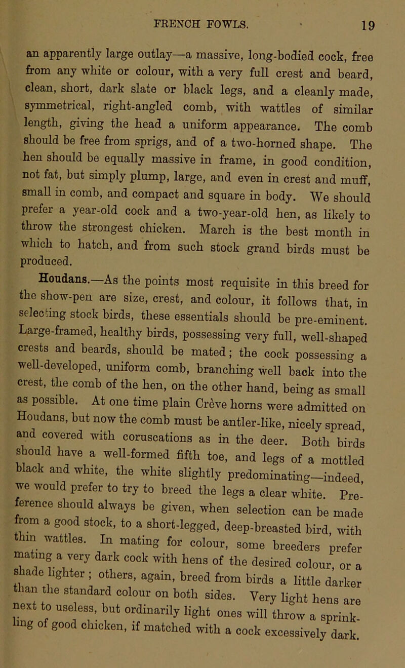 an apparently large outlay—a massive, long-bodied cock, free from any white or colour, with a very full crest and beard, clean, short, dark slate or black legs, and a cleanly made, symmetrical, right-angled comb, with wattles of similar length, giving the head a uniform appearance. The comb should be free from sprigs, and of a two-horned shape. The hen should be equally massive in frame, in good condition, not fat, but simply plump, large, and even in crest and muff, small in comb, and compact and square in body. We should prefer a year-old cock and a two-year-old hen, as likely to throw the strongest chicken. March is the best month in which to hatch, and from such stock grand birds must be produced. Houdans.—As the points most requisite in this breed for the show-pen are size, crest, and colour, it follows that, in selecting stock birds, these essentials should be pre-eminent. Large-framed, healthy birds, possessing very full, well-shaped crests and beards, should be mated; the cock possessing a well-developed, uniform comb, branching well back into the crest, the comb of the hen, on the other hand, being as small as possible. At one time plain Creve horns were admitted on Houdans, but now the comb must be antler-like, nicely spread, and covered with coruscations as in the deer. Both birds should have a well-formed fifth toe, and legs of a mottled black and white, the white slightly predominating-indeed we would prefer to try to breed the legs a clear white. Pre- ference should always be given, when selection can be made from a good stock, to a short-legged, deep-breasted bird, with thin wattles. In mating for colour, some breeders prefer mating a very dark cock with hens of the desired colour, or a shade lighter ; others, again, breed from birds a little darker than the standard colour on both sides. Very light hens are next to useless, but ordtnaril, light ones will throw a sprink- ling of good chicken, if matched with a cock excessively dark.