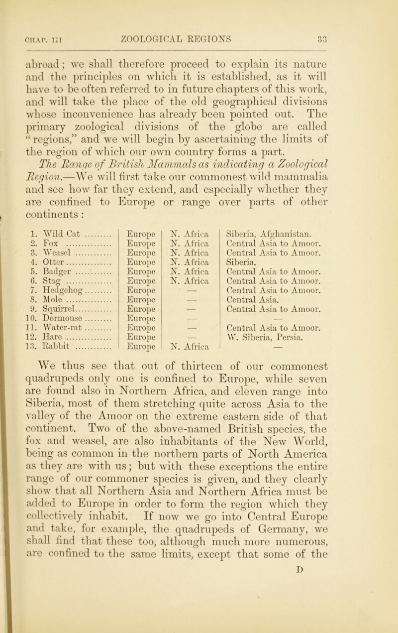 abroad; we shall therefore proceed to explain its nature and the principles on which it is established, as it will have to be often referred to in future chapters of this work, and will take the place of the old geographical divisions whose inconvenience has already been pointed out. The primary zoological divisions of the globe are called “ regions,” and we will begin by ascertaining the limits of the region of which our own country forms a part. The Range of British Mammals as indicating a Zoological Region.—We will first take our commonest wild mammalia and see how far they extend, and especially whether they are confined to Europe or range over parts of other continents : 1. AVild Cat Europe N. Africa 2. Fox Europe N. Africa 3. AAreasel Europe N. Africa 4. Otter Europe JM. Africa 5. Badger Europe JN. Africa 6. Stag Europe N. Africa 7. Hedgehog Europe — 8. Mole Europe — 9. Squirrel Europe — 10. Dormouse Europe — 11, AVater-rat Europe — 12. Hare Europe — 13. Rabbit Europe N. Africa Siberia, Afghanistan. Central Asia to Amoor. Central Asia to Amoor. Siberia. Central Asia to Amoor. Central Asia to Amoor. Central Asia to Amoor. Central Asia. Central Asia to Amoor. Central Asia to Amoor. AV. Siberia, Persia. We thus see that out of thirteen of our commonest quadrupeds only one is confined to Europe, while seven are found also in Northern Africa, and eleven range into Siberia, most of them stretching quite across Asia to the valley of the Amoor on the extreme eastern side of that continent. Two of the above-named British species, the fox and weasel, are also inhabitants of the New World, being as common in the northern parts of North America as they are with us; but with these exceptions the entire range of our commoner species is given, and they clearly show that all Northern Asia and Northern Africa must be added to Europe in order to form the region which they collectively inhabit. If now we go into Central Europe and take, for example, the quadrupeds of Germany, we shall find that these too, although much more numerous, are confined to the same limits, except that some of the I)