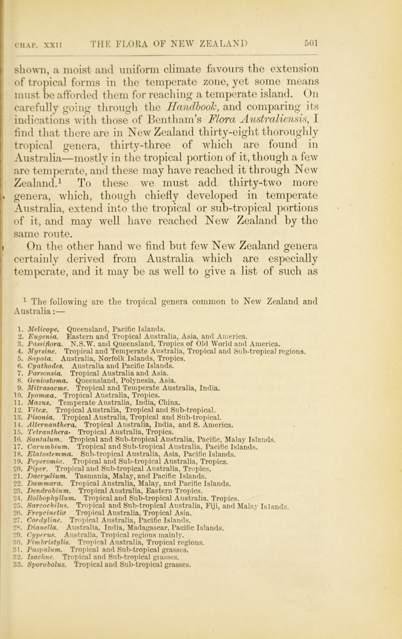 shown, a moist and uniform climate favours the extension of tropical forms in the temperate zone, yet some means must be afforded them for reaching a temperate island. On carefully going through the Handbook, and comparing its indications with those of Bentham’s Flora Australicnsis, I find that there are in New Zealand thirty-eight thoroughly tropical genera, thirty-three of which are found in Australia*—mostly in the tropical portion of it, though a few are temperate, and these may have reached it through New Zealand.1 11 To these we must add thirty-two more » genera, which, though chiefly developed in temperate Australia, extend into the tropical or sub-tropical portions of it, and may well have reached New Zealand by the same route. i On the other hand we find but few New Zealand genera certainly derived from Australia which are especially temperate, and it may be as well to give a list of such as 1 The following are the tropical genera common to New Zealand and Australia:— 1. Melicope. Queensland, Pacific Islands. 2. Eugenia. Eastern and Tropical Australia, Asia, and America. 3. Passiflora. N.S.W. and Queensland, Tropics of Old World and America. 4. Myrsine. Tropical and Temperate Australia, Tropical and Sub-tropical regions. 5. Sapota. Australia, Norfolk Islands, Tropics. 6. Cyathode8. Australia and Pacific Islands. 7. Parsonsia. Tropical Australia and Asia. 8. Geniostoma. Queensland, Polynesia, Asia. 9. Mitrasacme. Tropical and Temperate Australia, India. 10. Ipomcea. Tropical Australia, Tropics. 11. Mazus. Temperate Australia, India, China. 12. Vitex. Tropical Australia, Tropical and Sub-tropical. 13. Pisonia. Tropical Australia, Tropical and Sub-tropical. 14. Alternanthera. Tropical Australia, India, and S. America. 15. Tetranthera- Tropical Australia, Tropics. 16. Santalum. Tropical and Sub-tropical Australia, Pacific, Malay Islands. 17. Carumbivm. Tropical and Sub-tropical Australia, Pacific Islands. 18. Elatostemma. Sub-tropical Australia, Asia, Pacific Islands. 19. Peperomia. Tropical and Sub-tropical Australia, Tropics. 20. Piper. Tropical and Sub-tropical Australia, Tropics. 21. Dacrydium. Tasmania, Malay, and Pacific Islands. 22. Dammara. Tropical Australia, Malay, and Pacific Islands. 23. Dendrobium. Tropical Australia, Eastern Tropics. 24. Bolbophyllum. Tropical and Sub-tropical Australia, Tropics. 25. Sarcochilus. Tropical and Sub-tropical Australia, Fiji, and Malay Islands. 26. Freycinetia Tropical Australia, Tropical Asia. 27. Cordyline. Tropical Australia, Pacific Islands. 28. DianeHa. Australia, India, Madagascar, Pacific Islands. 29. Cyperus. Australia, Tropical regions mainly. 30. Fimbristylis. Tropical Australia, Tropical regions. 31. Paspalum. Tropical and Sub-tropical grasses. 32. Isachne. Tropical and Sub-tropical grasses. 33. Sporobolus. Tropical and Sub-tropical grasses.
